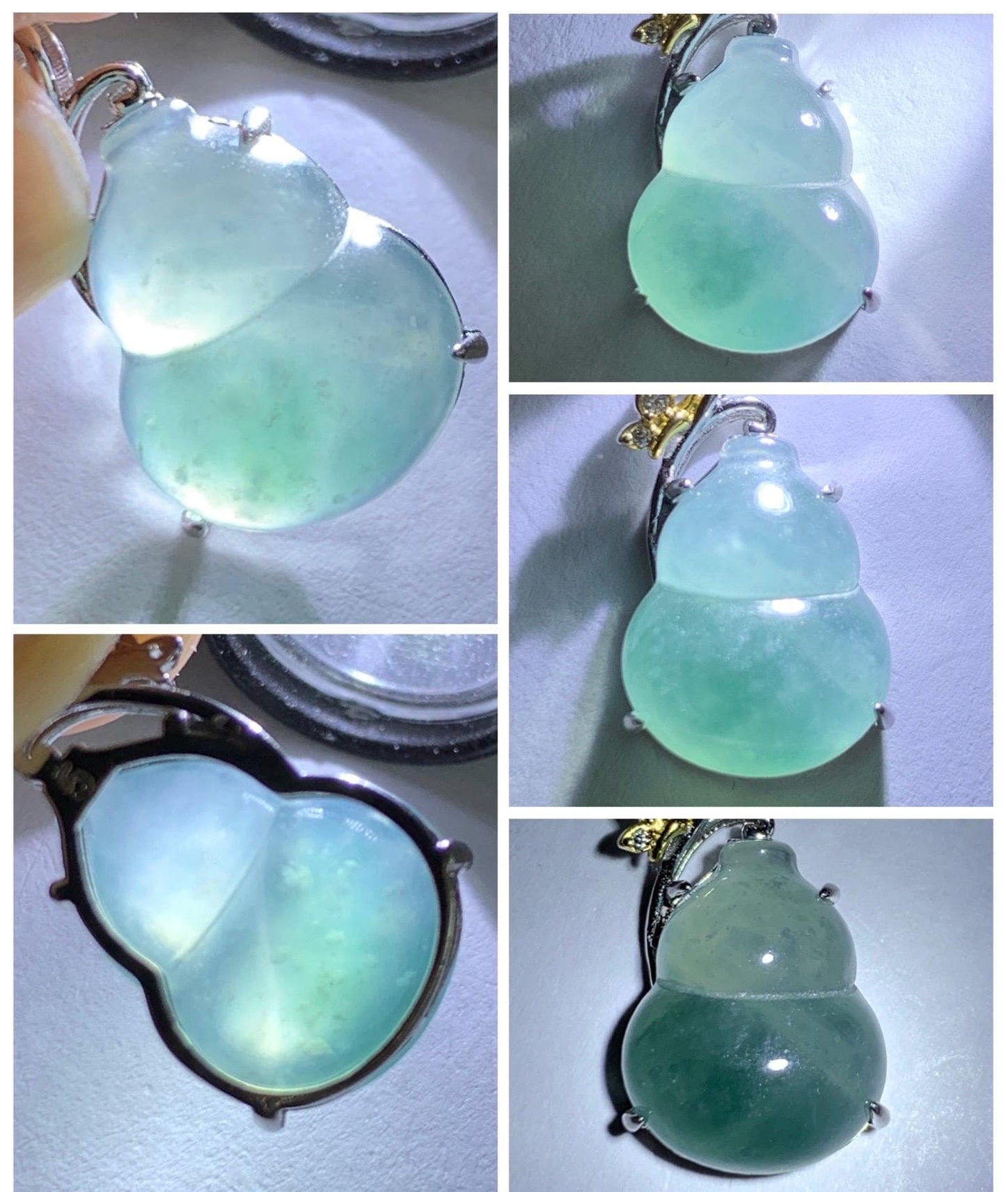 Natural Grade A Guatemalan Icy Highly Translucent Dusty Teal Blue Jade Jadeite Gourd Hulu Pendant Sterling Silver 天然冰危浅蓝绿翡翠葫芦吊坠 WHL240B