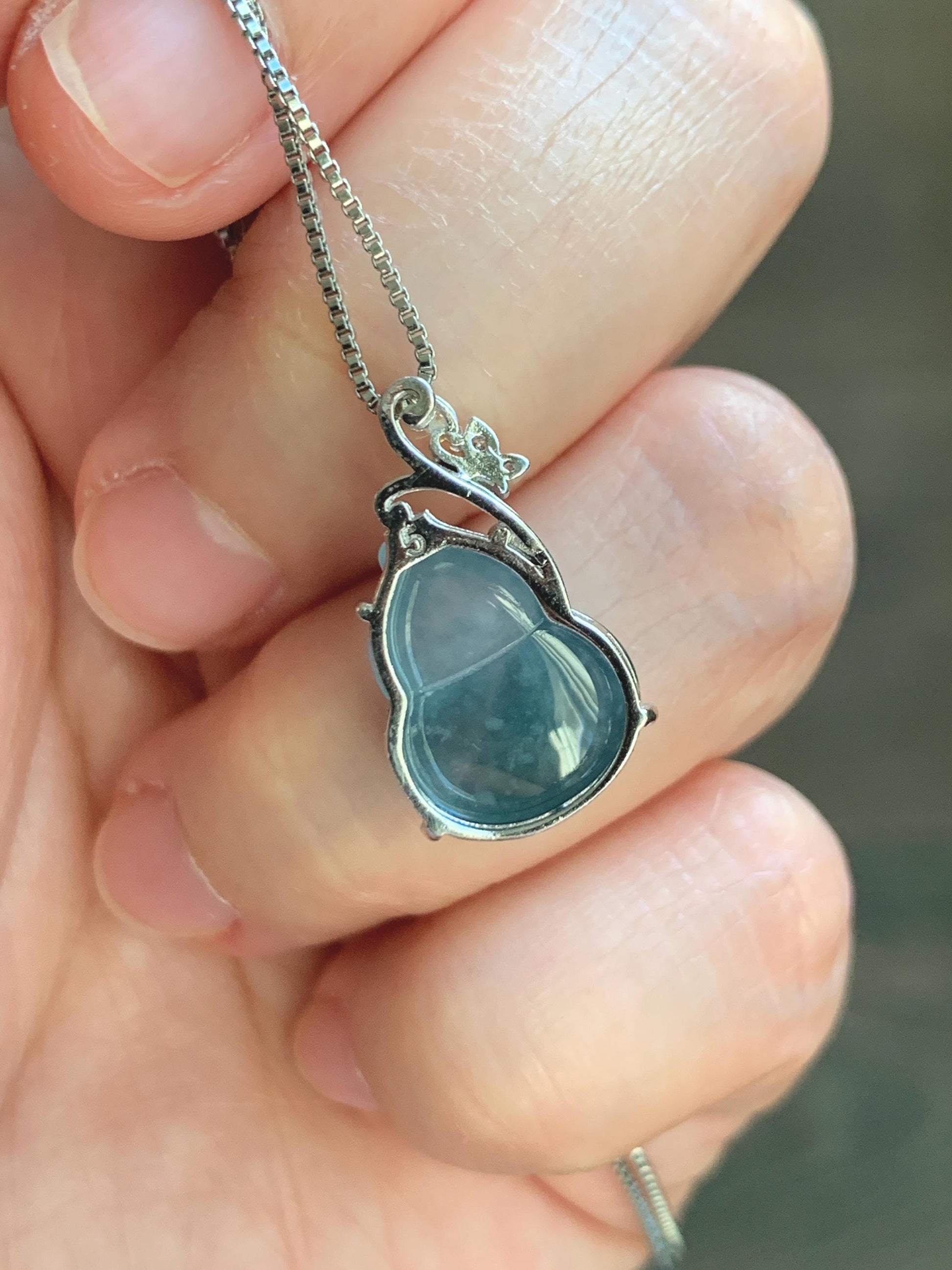 Natural Grade A Guatemalan Icy Highly Translucent Dusty Teal Blue Jade Jadeite Gourd Hulu Pendant Sterling Silver 天然冰危浅蓝绿翡翠葫芦吊坠 WHL240B