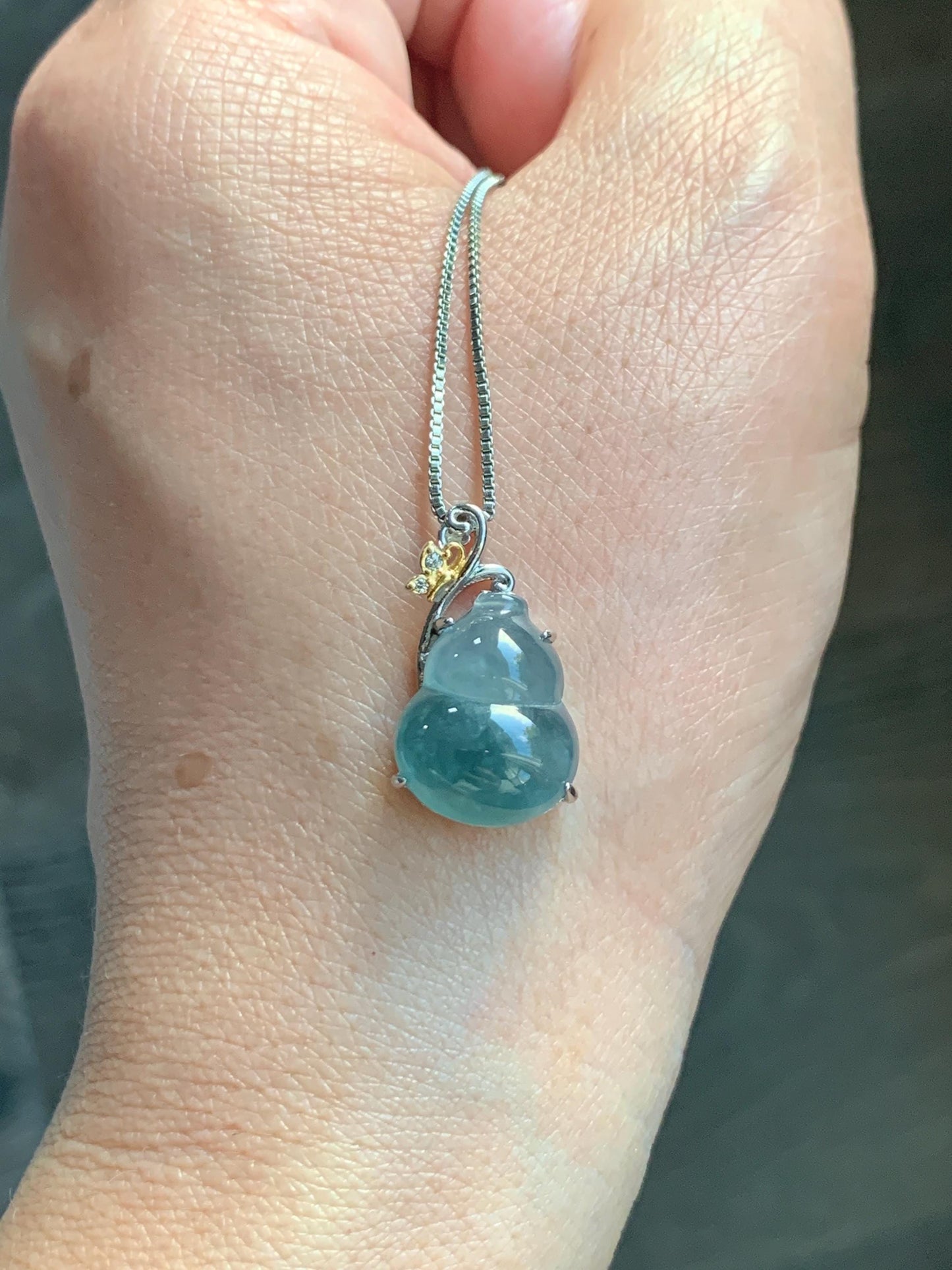 Natural Grade A Guatemalan Icy Highly Translucent Dusty Teal Blue Jade Jadeite Gourd Hulu Pendant Sterling Silver 天然冰危浅蓝绿翡翠葫芦吊坠 WHL240B