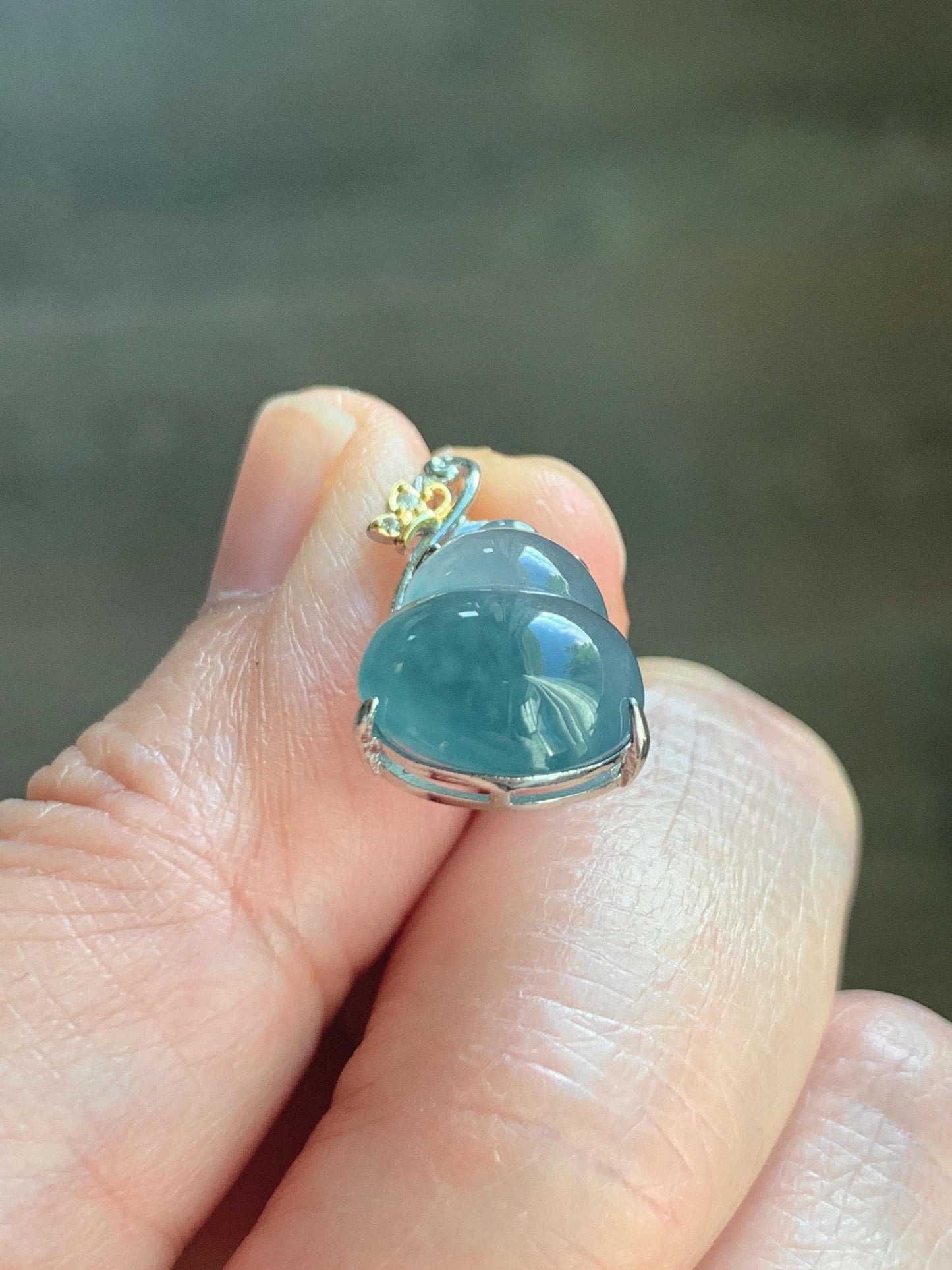 Natural Grade A Guatemalan Icy Highly Translucent Dusty Teal Blue Jade Jadeite Gourd Hulu Pendant Sterling Silver 天然冰危浅蓝绿翡翠葫芦吊坠 WHL240B