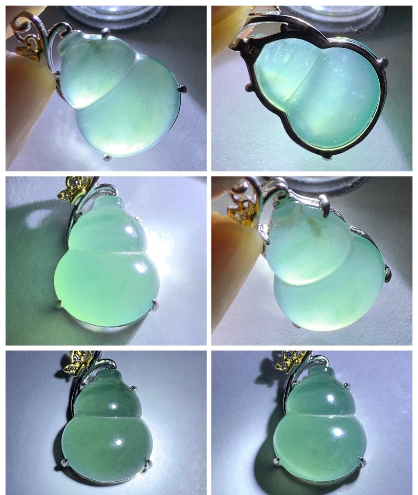 Natural Grade A Guatemalan Icy Translucent Light Dusty Teal Green Jade Jadeite Gourd Hulu Pendant Sterling Silver 天然冰危暗蓝绿翡翠葫芦吊坠 WHL240C