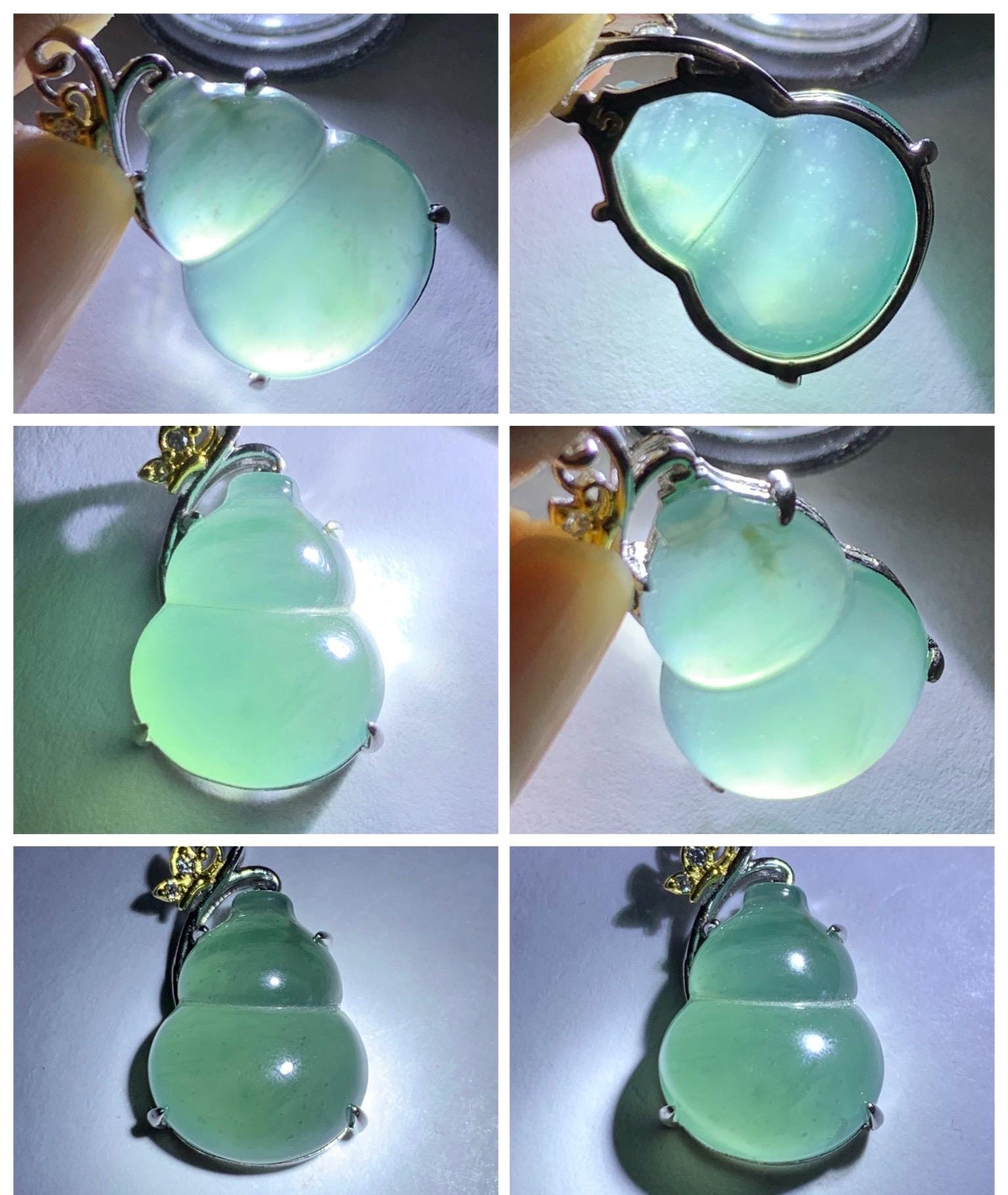 Natural Grade A Guatemalan Icy Translucent Light Dusty Teal Green Jade Jadeite Gourd Hulu Pendant Sterling Silver 天然冰危暗蓝绿翡翠葫芦吊坠 WHL240C
