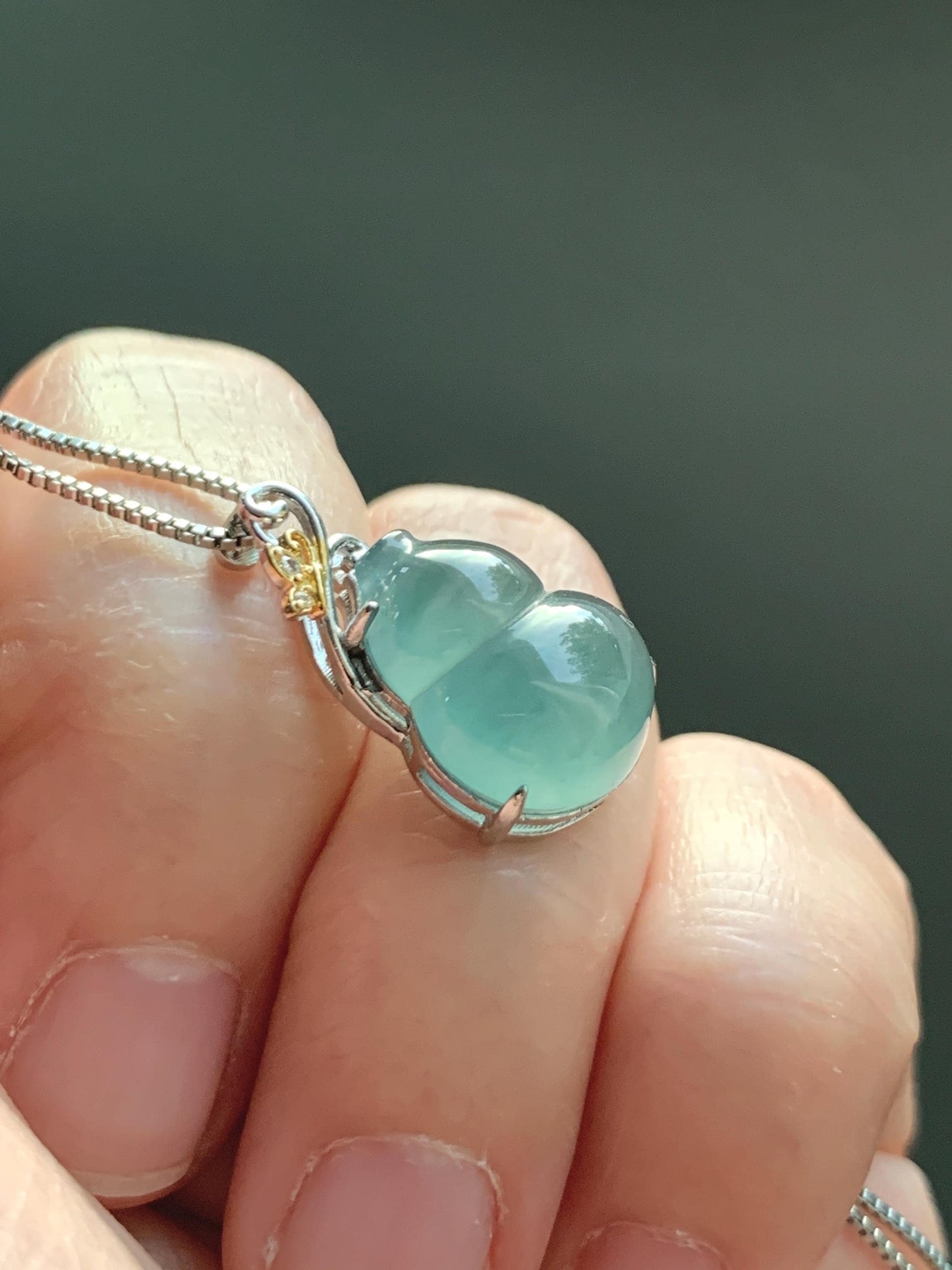 Natural Grade A Guatemalan Icy Translucent Light Dusty Teal Green Jade Jadeite Gourd Hulu Pendant Sterling Silver 天然冰危暗蓝绿翡翠葫芦吊坠 WHL240C
