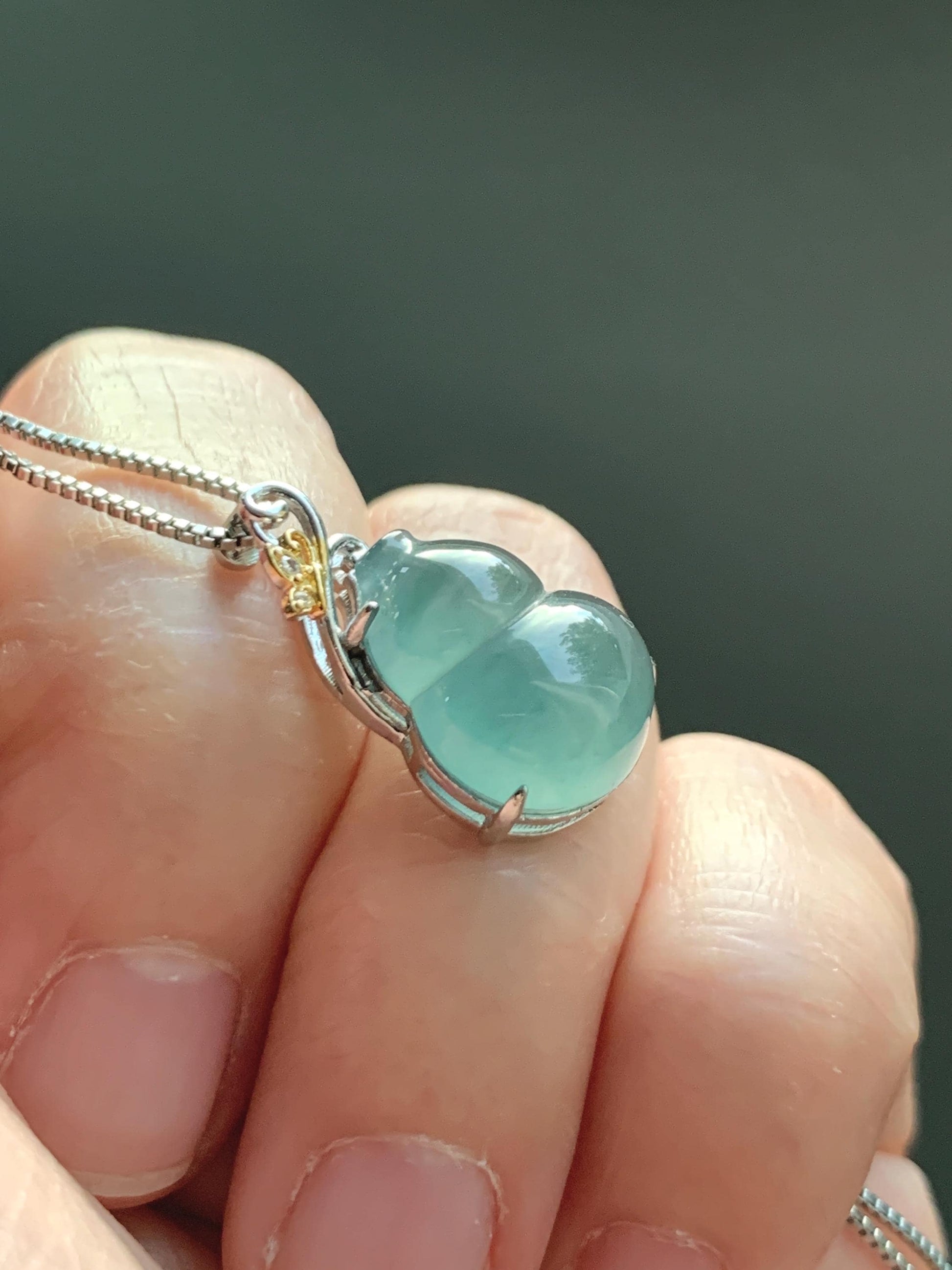 Natural Grade A Guatemalan Icy Translucent Light Dusty Teal Green Jade Jadeite Gourd Hulu Pendant Sterling Silver 天然冰危暗蓝绿翡翠葫芦吊坠 WHL240C