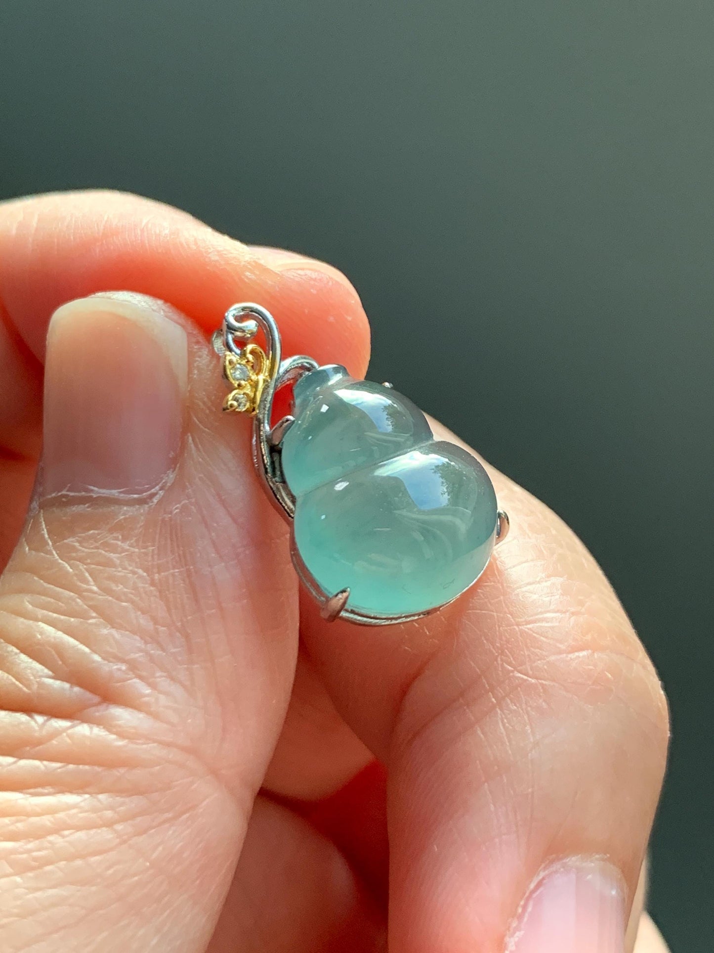 Natural Grade A Guatemalan Icy Translucent Light Dusty Teal Green Jade Jadeite Gourd Hulu Pendant Sterling Silver 天然冰危暗蓝绿翡翠葫芦吊坠 WHL240C