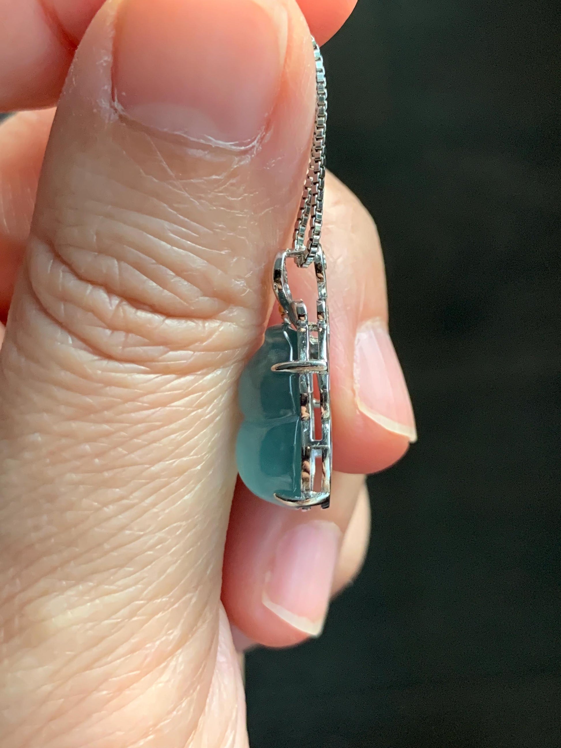 Natural Grade A Guatemalan Icy Translucent Light Dusty Teal Green Jade Jadeite Gourd Hulu Pendant Sterling Silver 天然冰危暗蓝绿翡翠葫芦吊坠 WHL240C