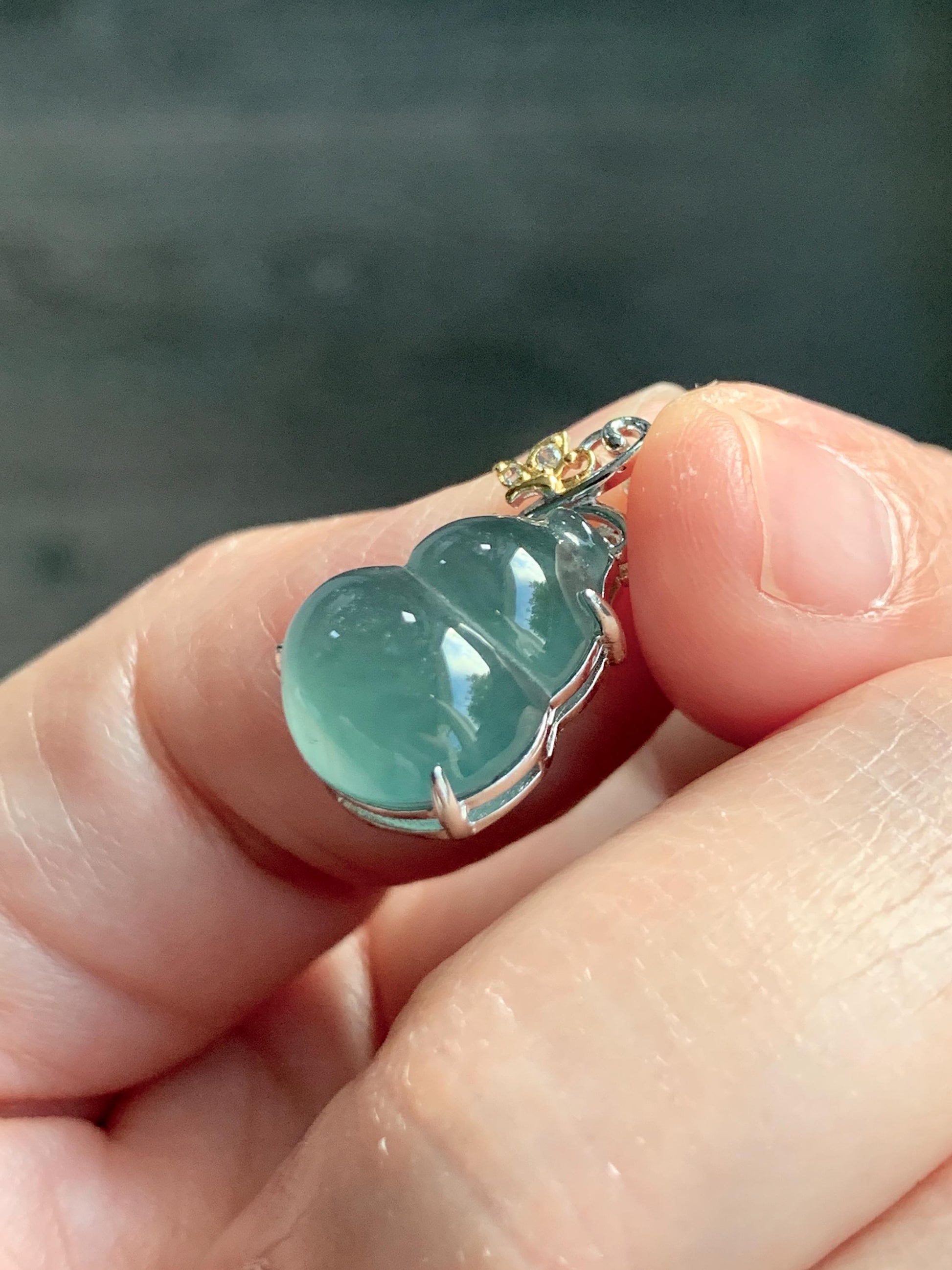Natural Grade A Guatemalan Icy Translucent Light Dusty Teal Green Jade Jadeite Gourd Hulu Pendant Sterling Silver 天然冰危暗蓝绿翡翠葫芦吊坠 WHL240C