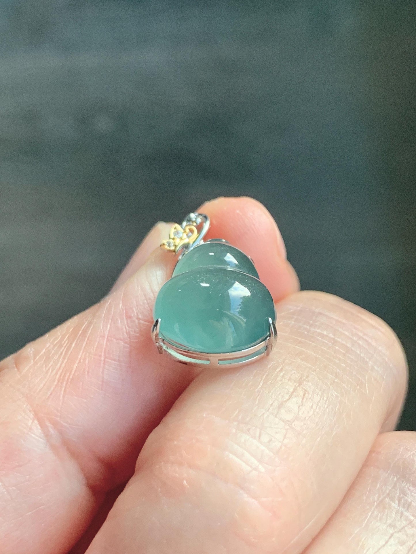 Natural Grade A Guatemalan Icy Translucent Light Dusty Teal Green Jade Jadeite Gourd Hulu Pendant Sterling Silver 天然冰危暗蓝绿翡翠葫芦吊坠 WHL240C