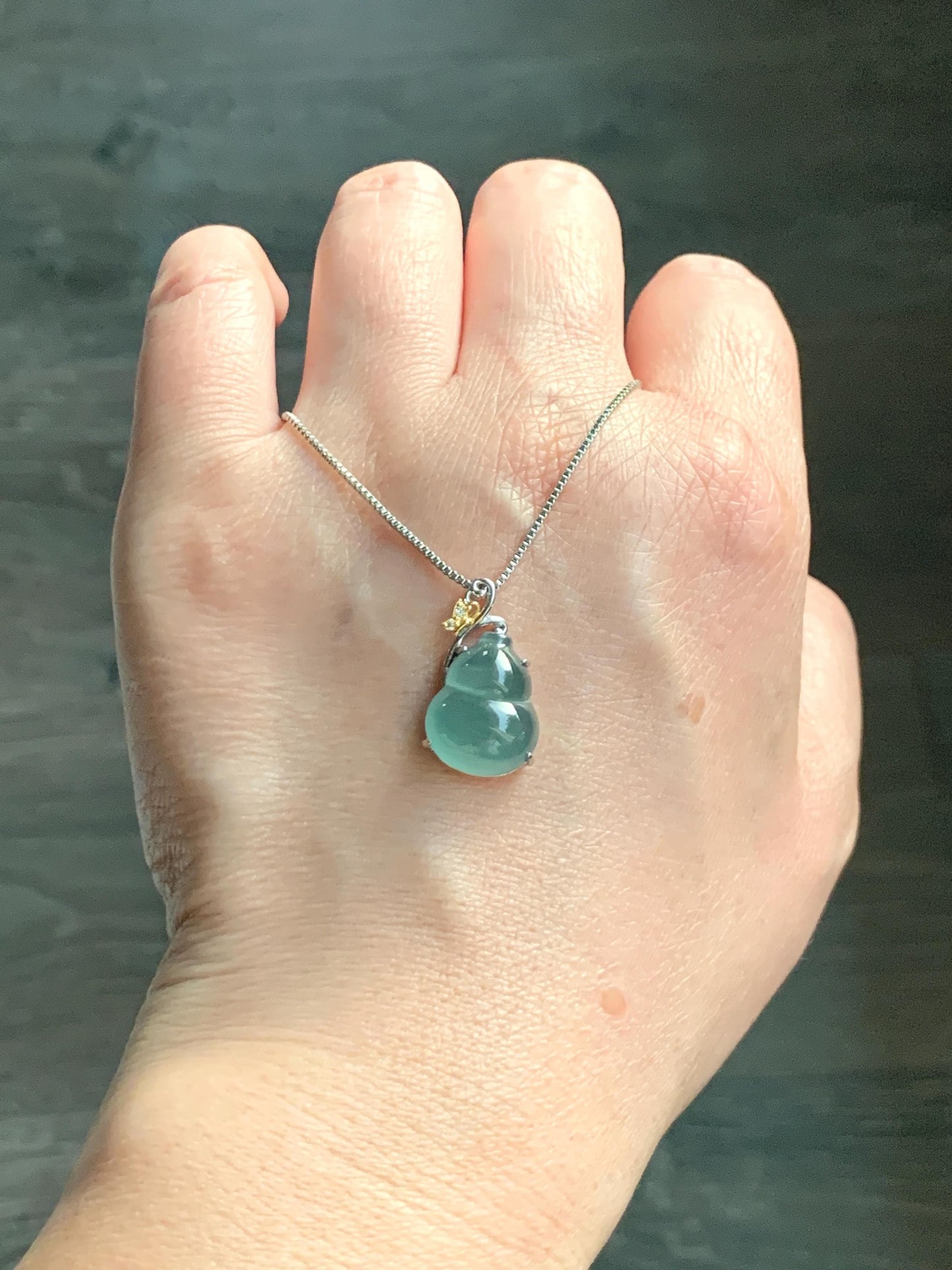 Natural Grade A Guatemalan Icy Translucent Light Dusty Teal Green Jade Jadeite Gourd Hulu Pendant Sterling Silver 天然冰危暗蓝绿翡翠葫芦吊坠 WHL240C