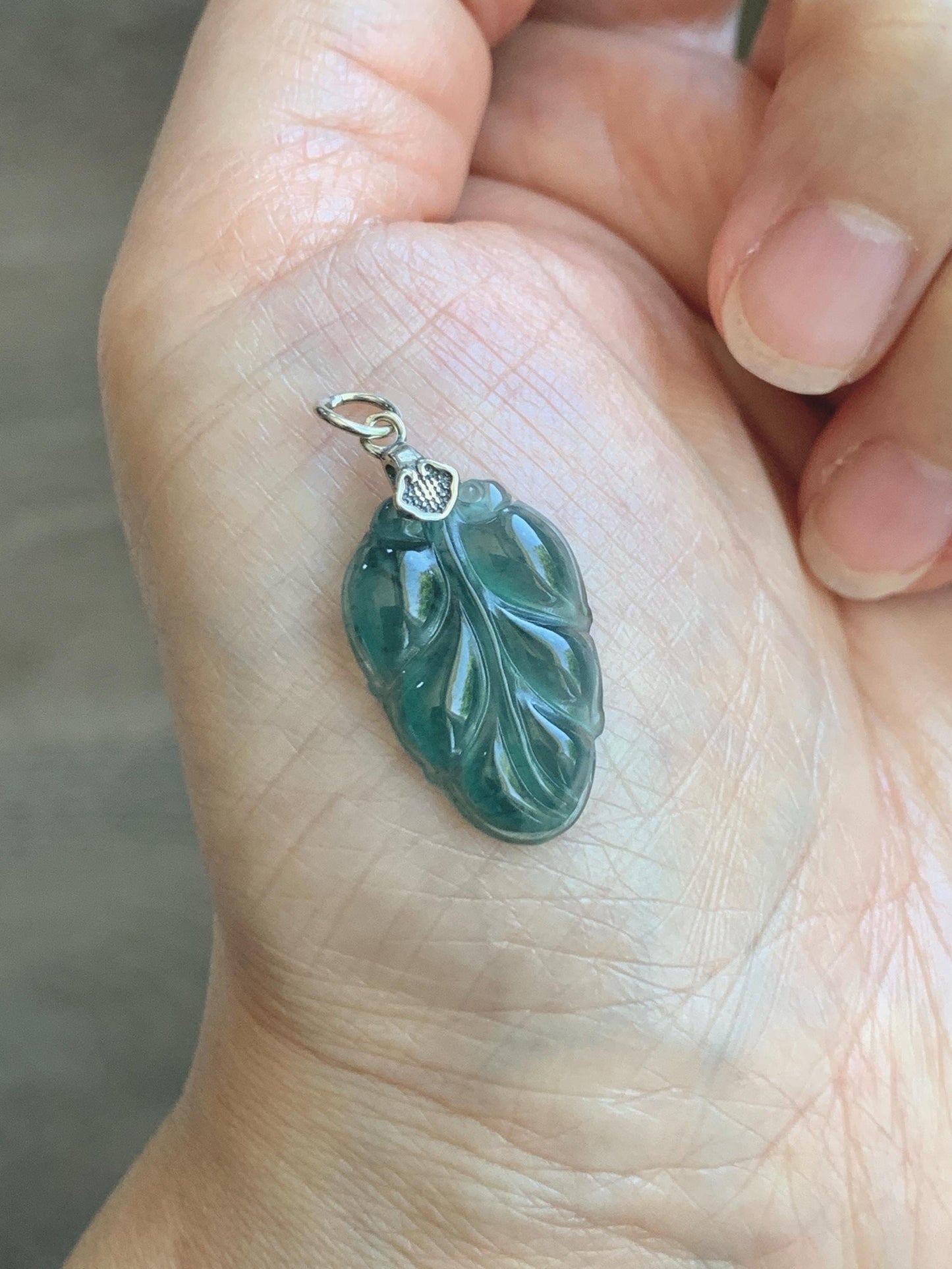 Natural Grade A Guatemalan Icy Translucent Dark Teal Blue Jade Jadeite Carved Leaf Small Pendant Sterling Silver 天然冰胶危深蓝翡翠大叶有成银镶吊坠 WLD55G