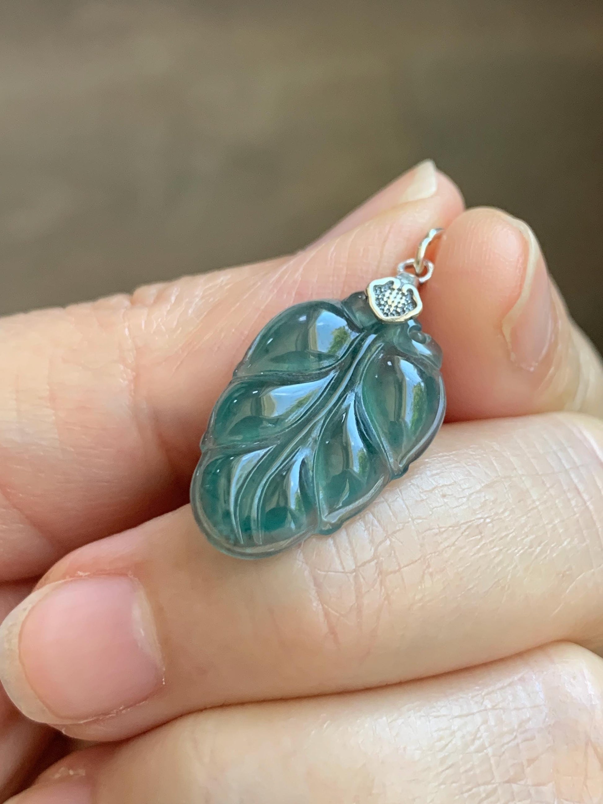 Natural Grade A Guatemalan Icy Translucent Dark Teal Blue Jade Jadeite Carved Leaf Small Pendant Sterling Silver 天然冰胶危深蓝翡翠大叶有成银镶吊坠 WLD55G