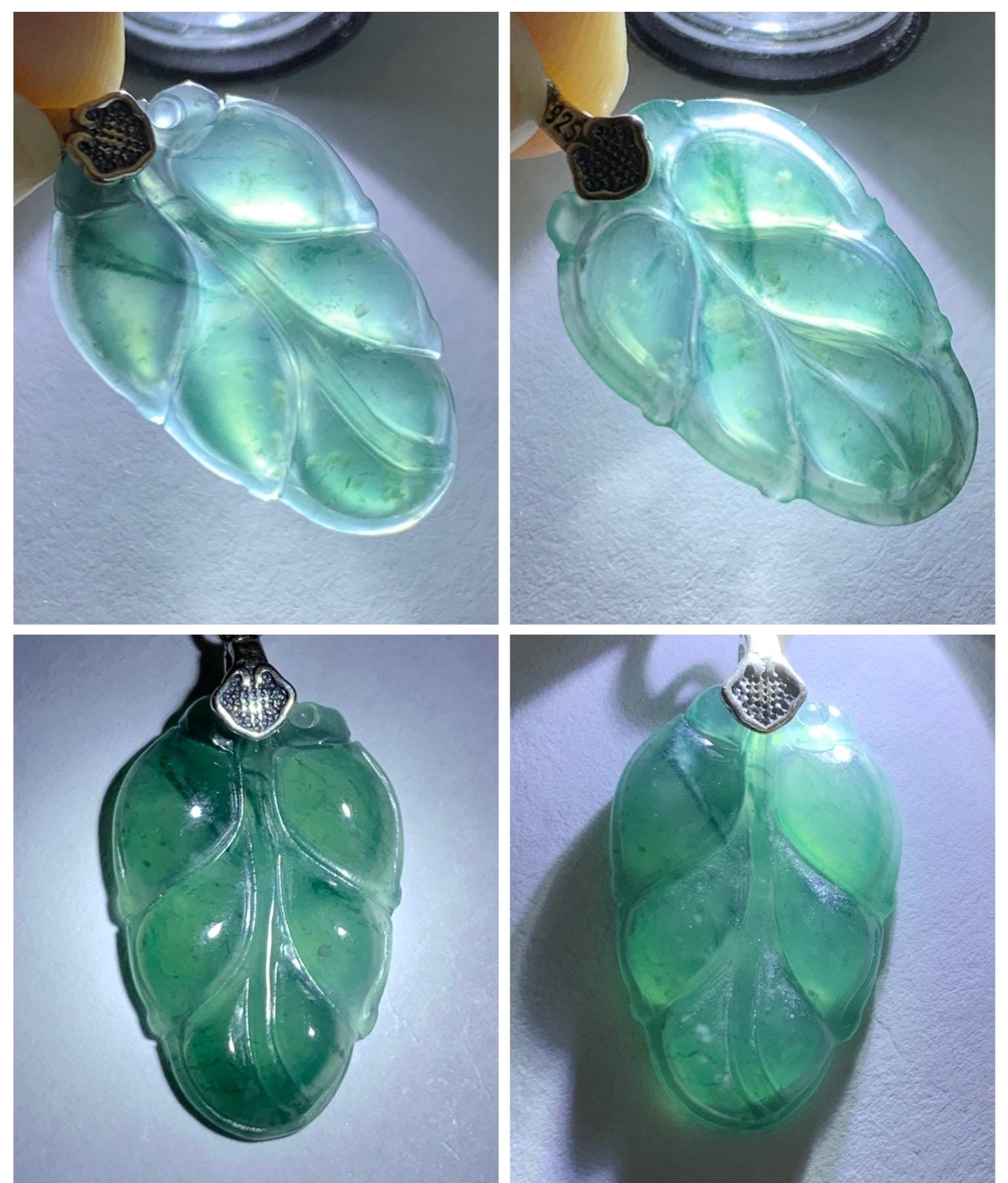 Natural Grade A Guatemalan Icy Translucent Dark Teal Blue Jade Jadeite Carved Leaf Small Pendant Sterling Silver 天然冰胶危深蓝翡翠大叶有成银镶吊坠 WLD55G