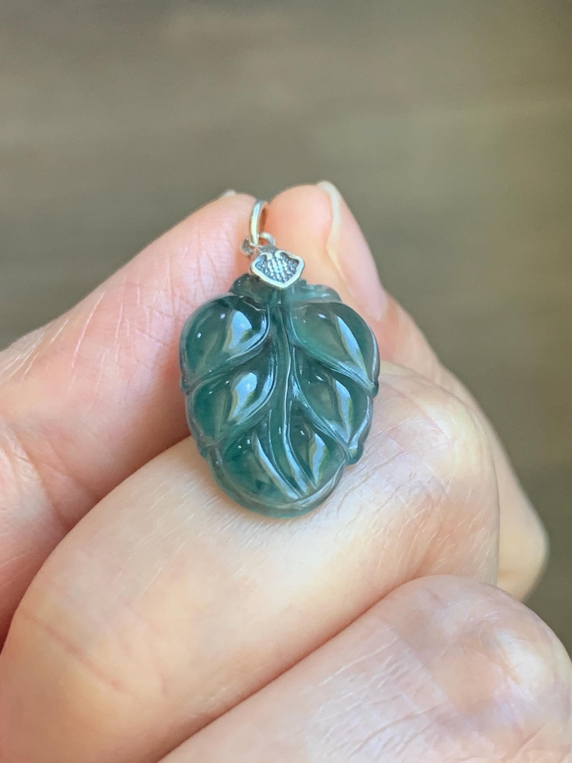 Natural Grade A Guatemalan Icy Translucent Dark Teal Blue Jade Jadeite Carved Leaf Small Pendant Sterling Silver 天然冰胶危深蓝翡翠大叶有成银镶吊坠 WLD55G