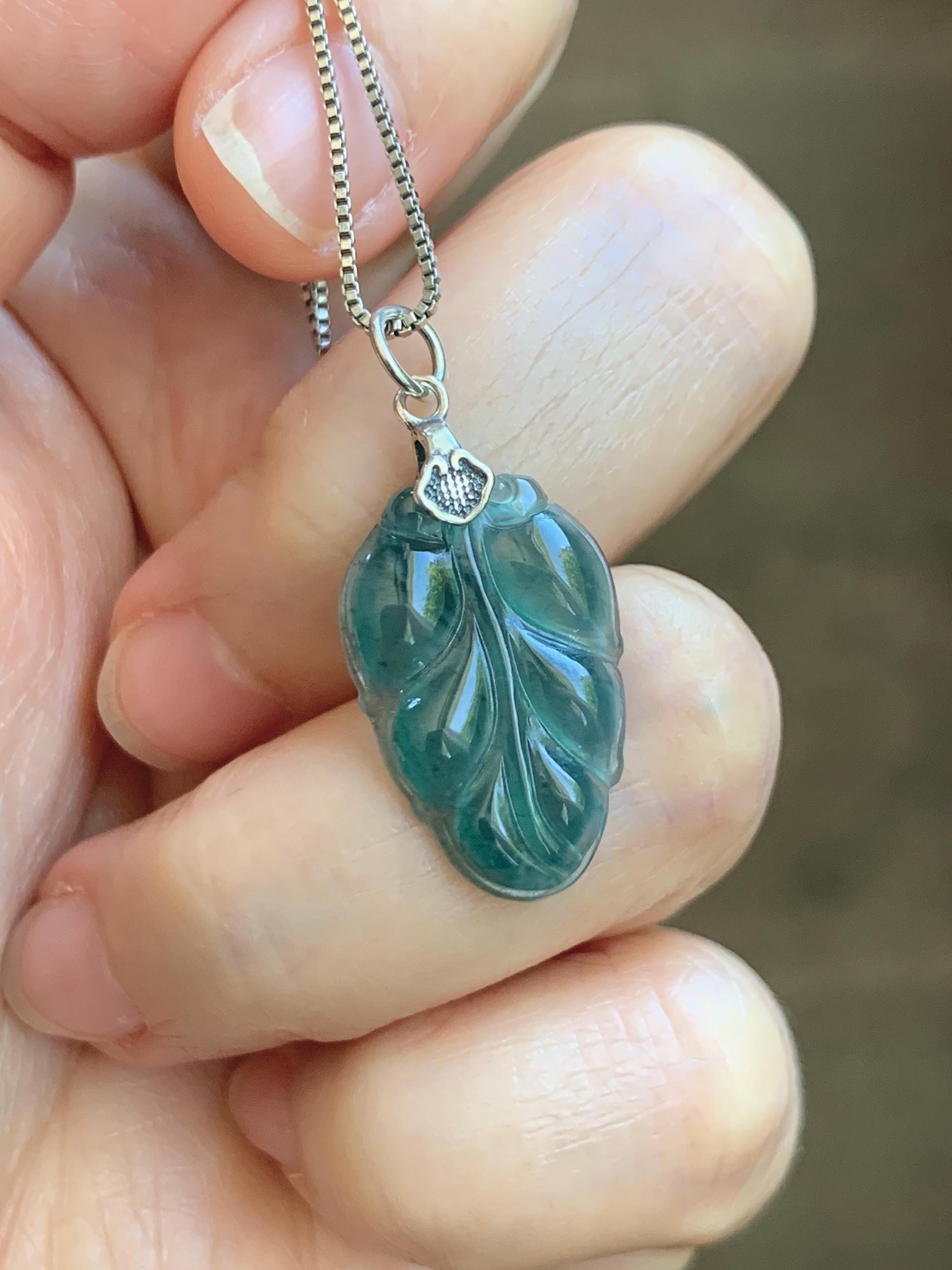Natural Grade A Guatemalan Icy Translucent Dark Teal Blue Jade Jadeite Carved Leaf Small Pendant Sterling Silver 天然冰胶危深蓝翡翠大叶有成银镶吊坠 WLD55G