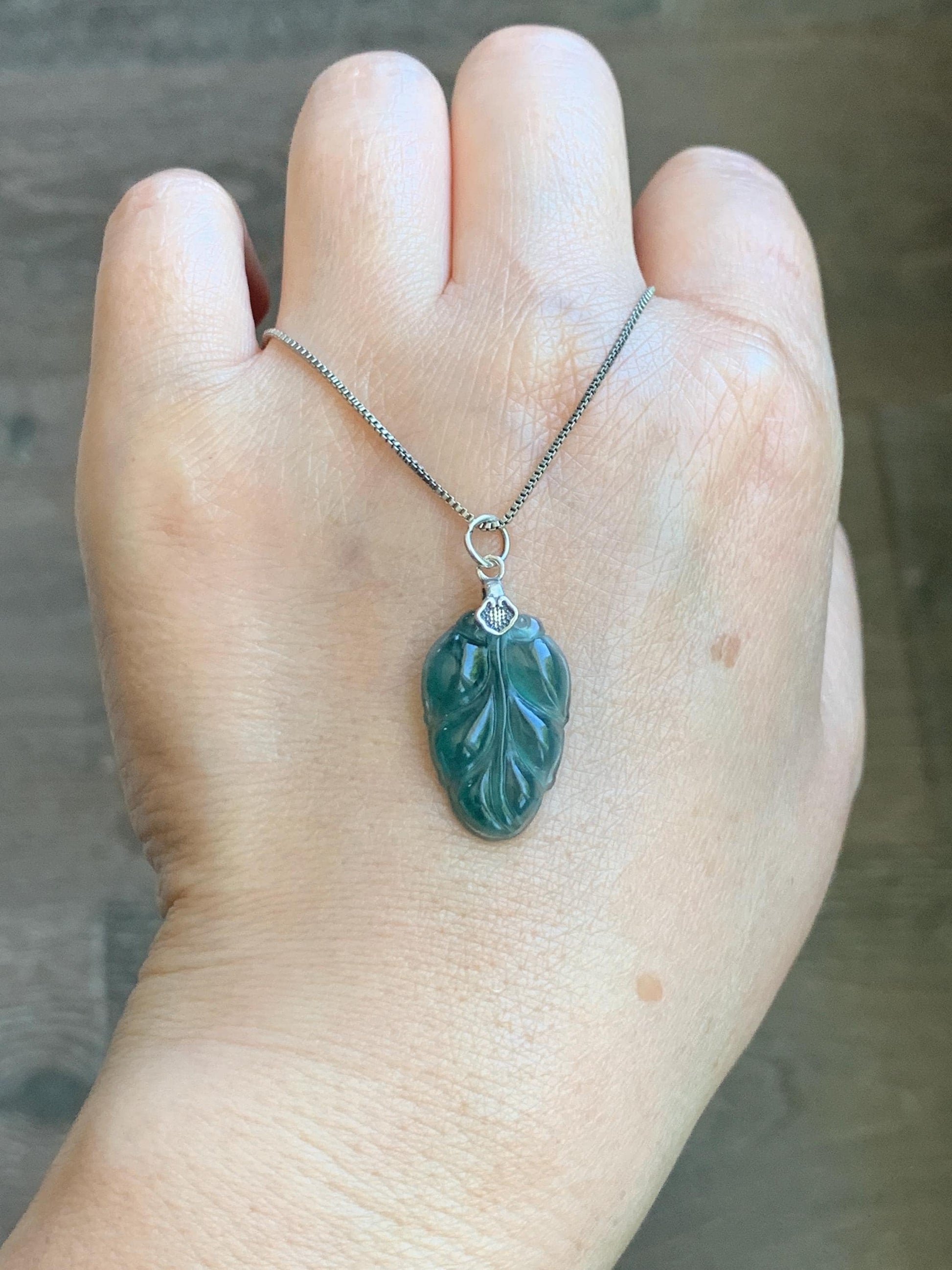 Natural Grade A Guatemalan Icy Translucent Dark Teal Blue Jade Jadeite Carved Leaf Small Pendant Sterling Silver 天然冰胶危深蓝翡翠大叶有成银镶吊坠 WLD55G