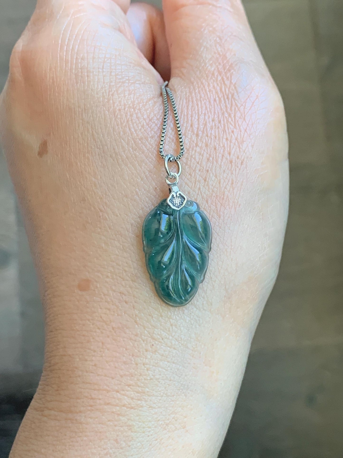 Natural Grade A Guatemalan Icy Translucent Dark Teal Blue Jade Jadeite Carved Leaf Small Pendant Sterling Silver 天然冰胶危深蓝翡翠大叶有成银镶吊坠 WLD55G