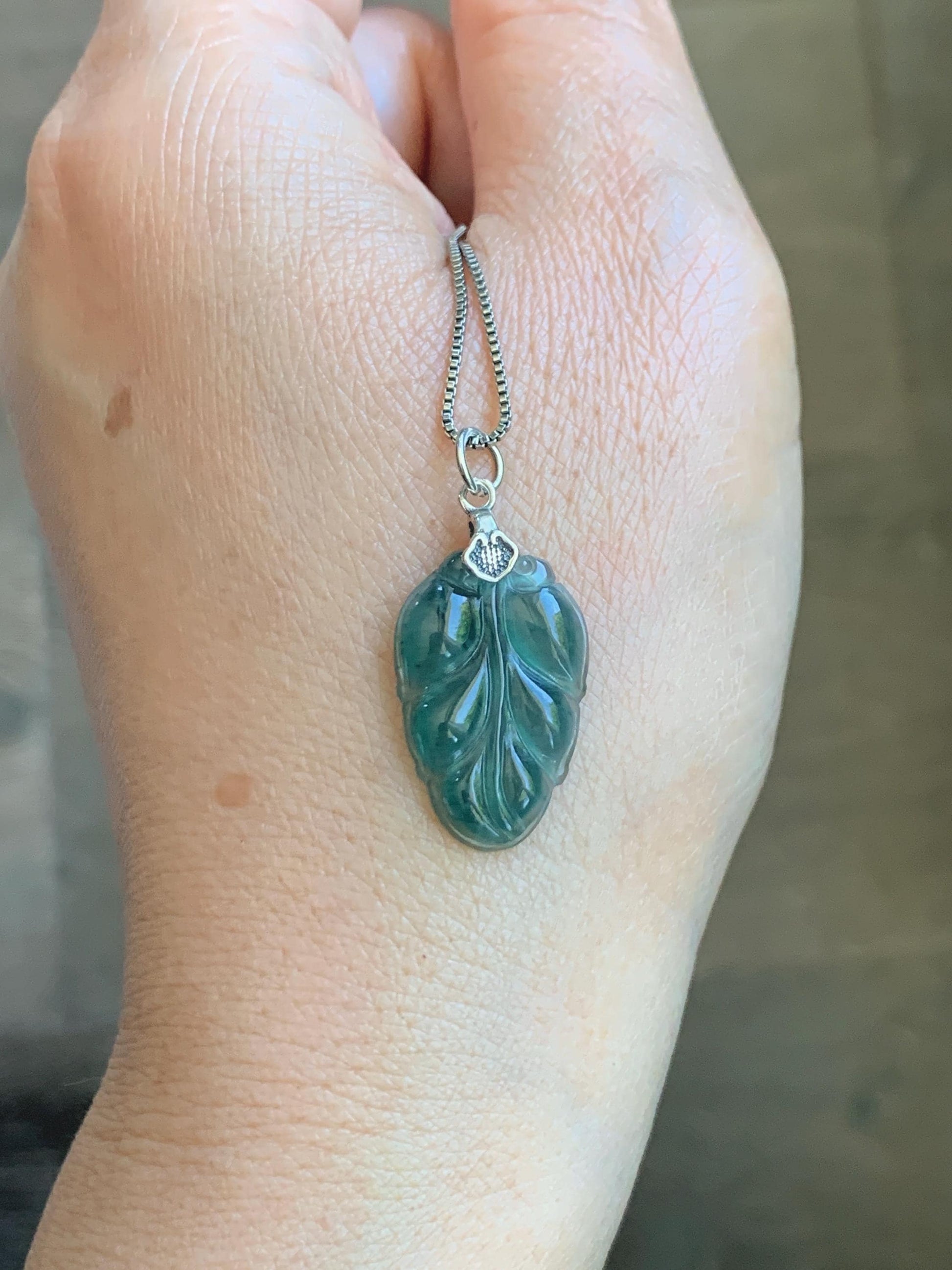 Natural Grade A Guatemalan Icy Translucent Dark Teal Blue Jade Jadeite Carved Leaf Small Pendant Sterling Silver 天然冰胶危深蓝翡翠大叶有成银镶吊坠 WLD55G