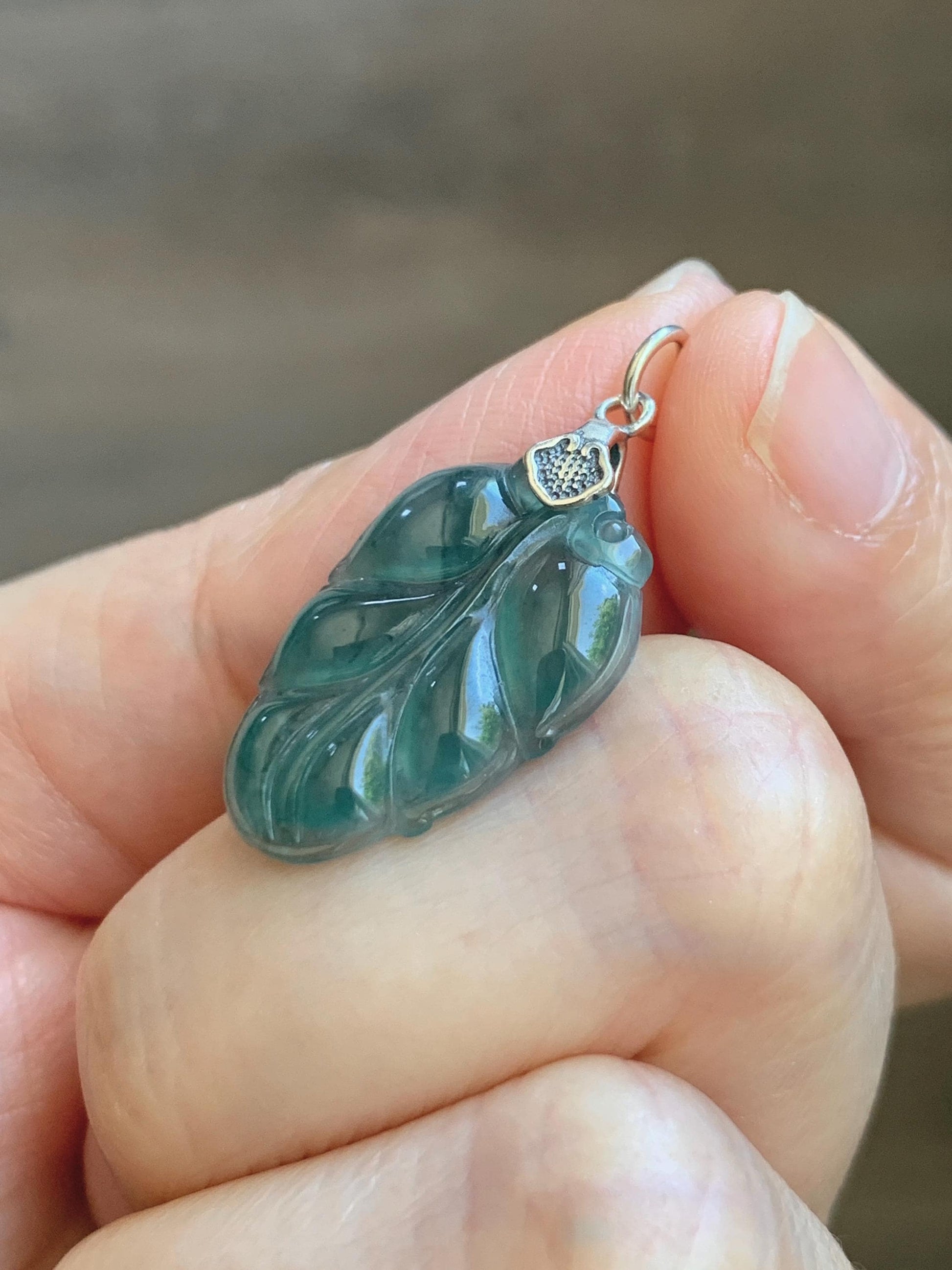 Natural Grade A Guatemalan Icy Translucent Dark Teal Blue Jade Jadeite Carved Leaf Small Pendant Sterling Silver 天然冰胶危深蓝翡翠大叶有成银镶吊坠 WLD55G
