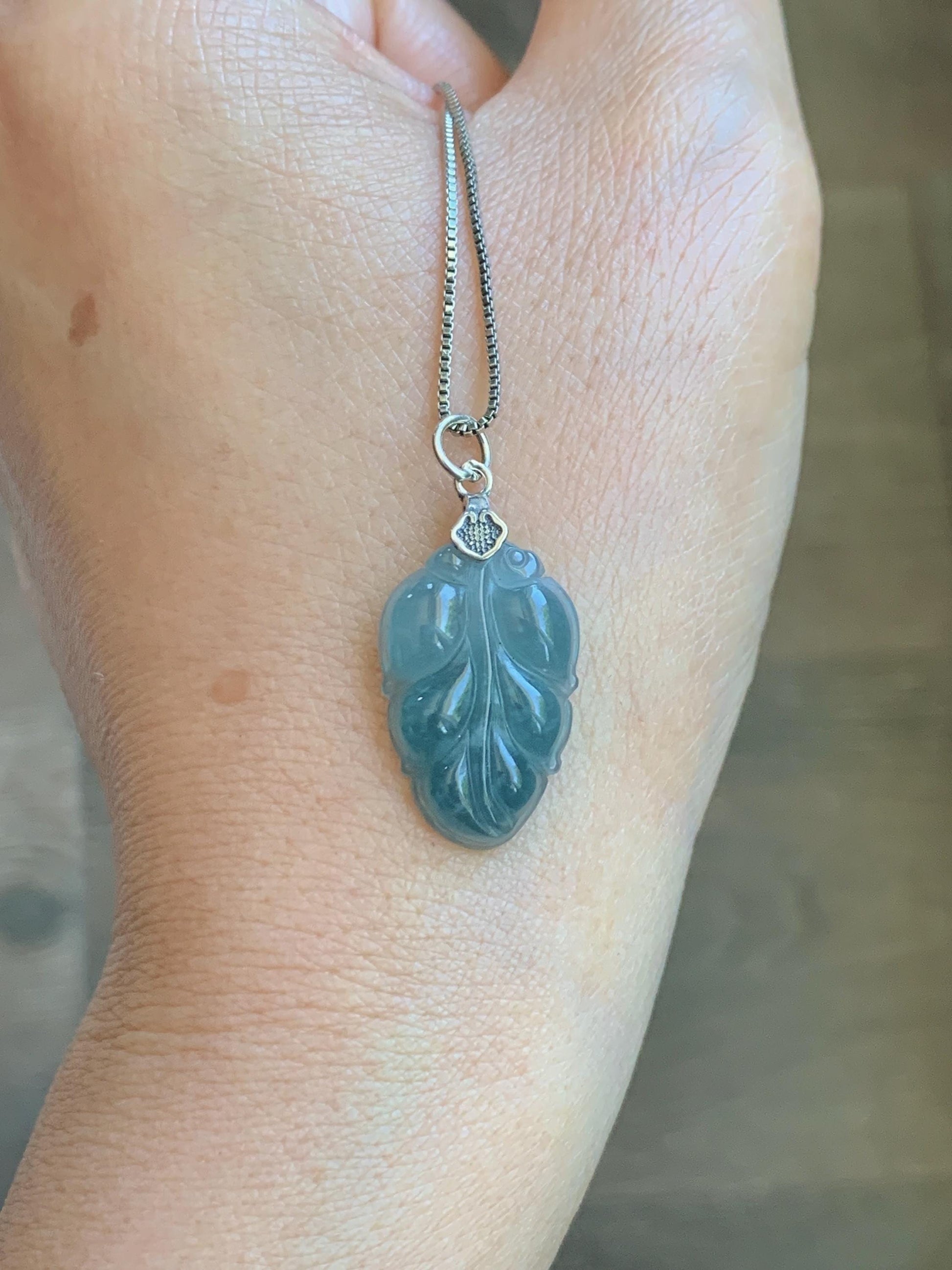 Natural Grade A Guatemalan Icy Translucent Light Dusty Blue Jade Jadeite Carved Leaf Pendant Sterling Silver 天然冰胶危浅蓝翡翠大叶有成银镶吊坠 WLD55F