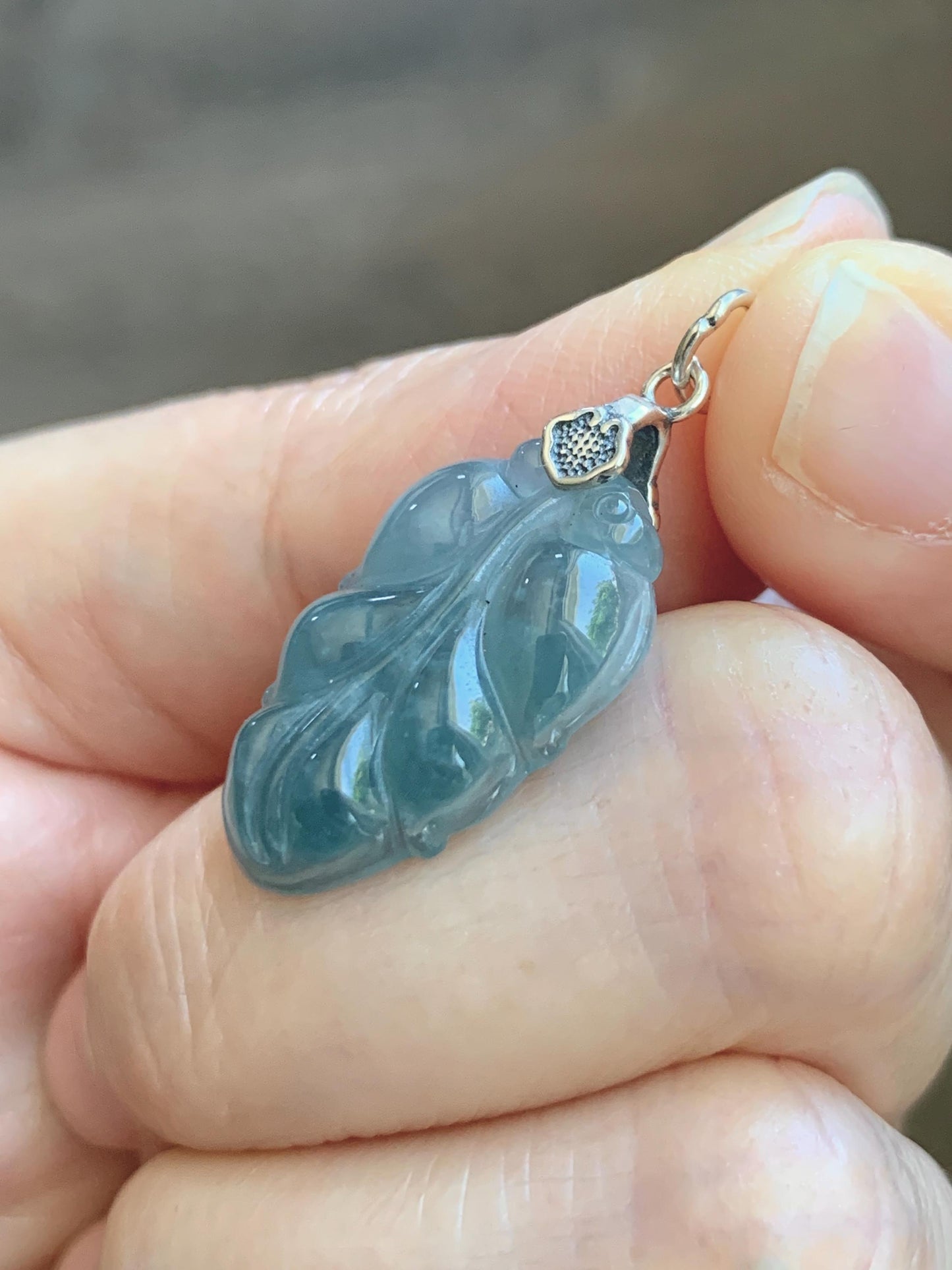 Natural Grade A Guatemalan Icy Translucent Light Dusty Blue Jade Jadeite Carved Leaf Pendant Sterling Silver 天然冰胶危浅蓝翡翠大叶有成银镶吊坠 WLD55F