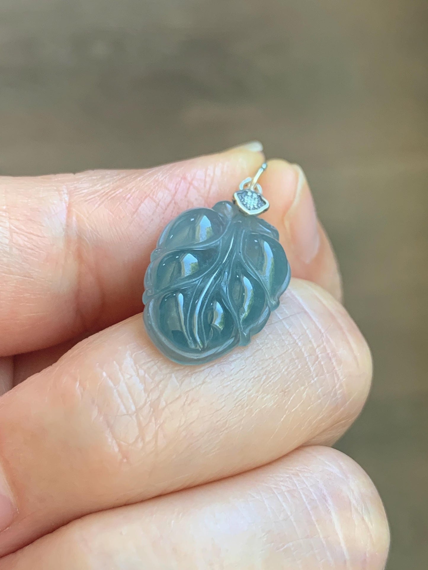 Natural Grade A Guatemalan Icy Translucent Light Dusty Blue Jade Jadeite Carved Leaf Pendant Sterling Silver 天然冰胶危浅蓝翡翠大叶有成银镶吊坠 WLD55F