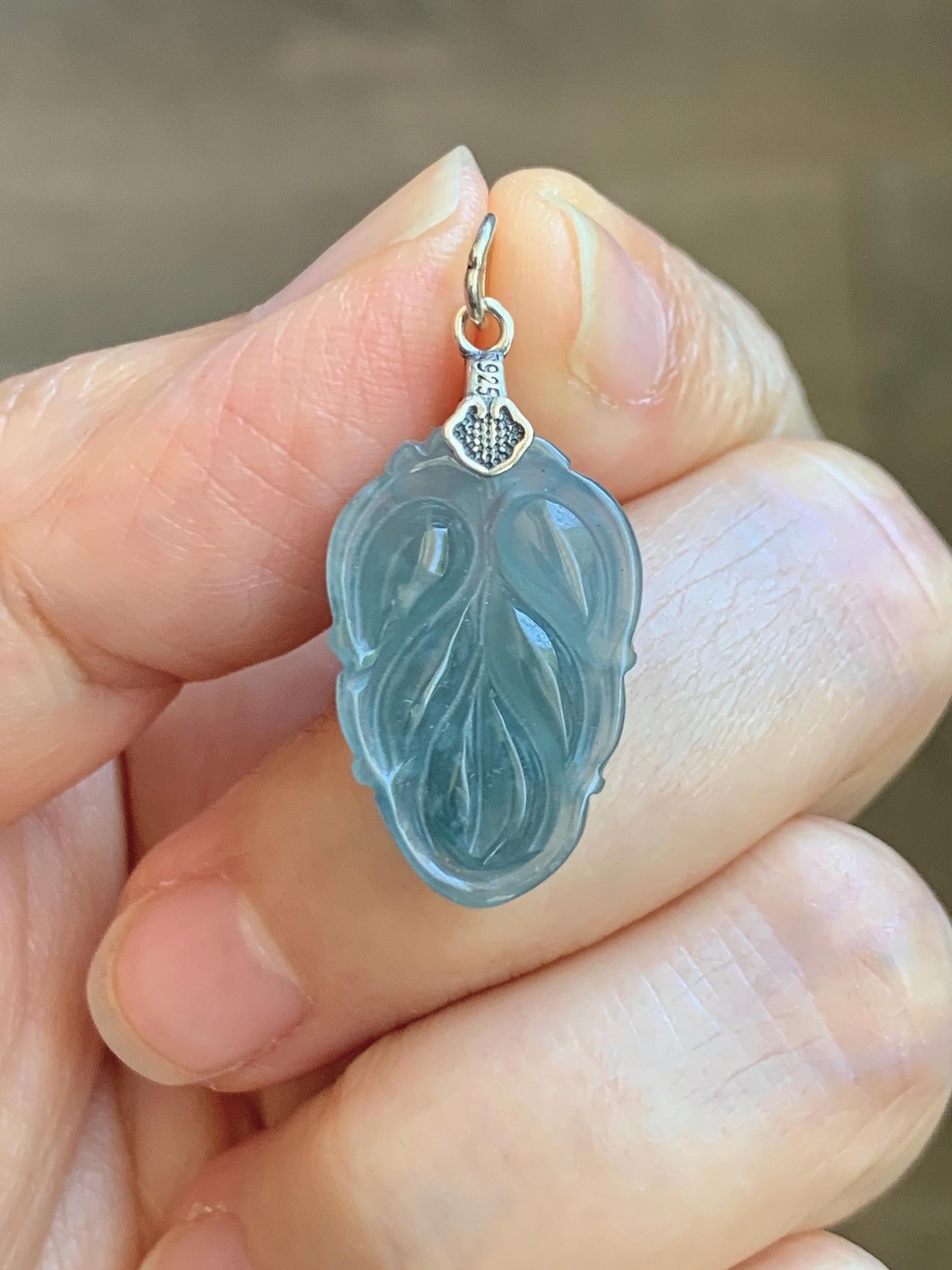 Natural Grade A Guatemalan Icy Translucent Light Dusty Blue Jade Jadeite Carved Leaf Pendant Sterling Silver 天然冰胶危浅蓝翡翠大叶有成银镶吊坠 WLD55F