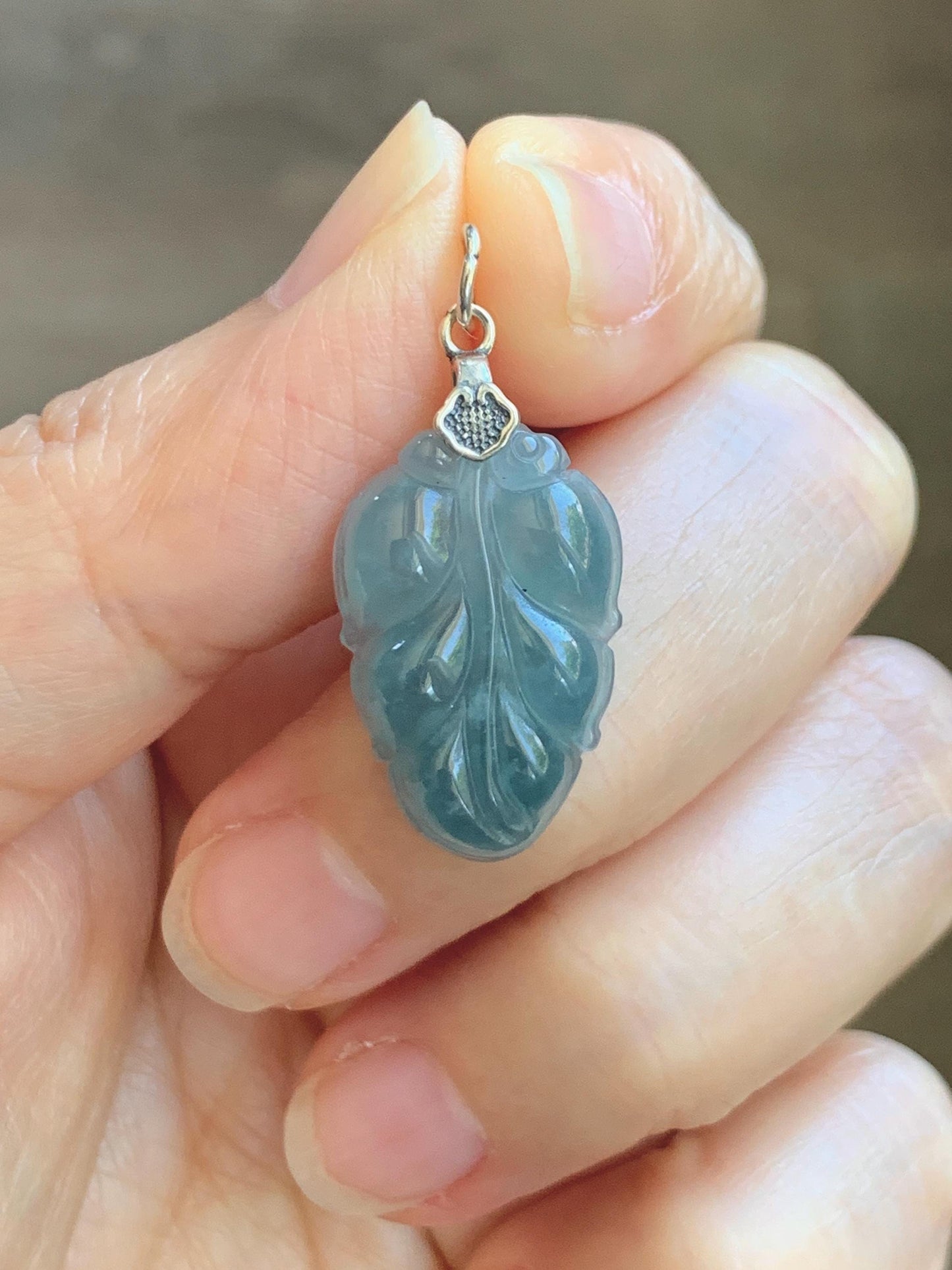 Natural Grade A Guatemalan Icy Translucent Light Dusty Blue Jade Jadeite Carved Leaf Pendant Sterling Silver 天然冰胶危浅蓝翡翠大叶有成银镶吊坠 WLD55F