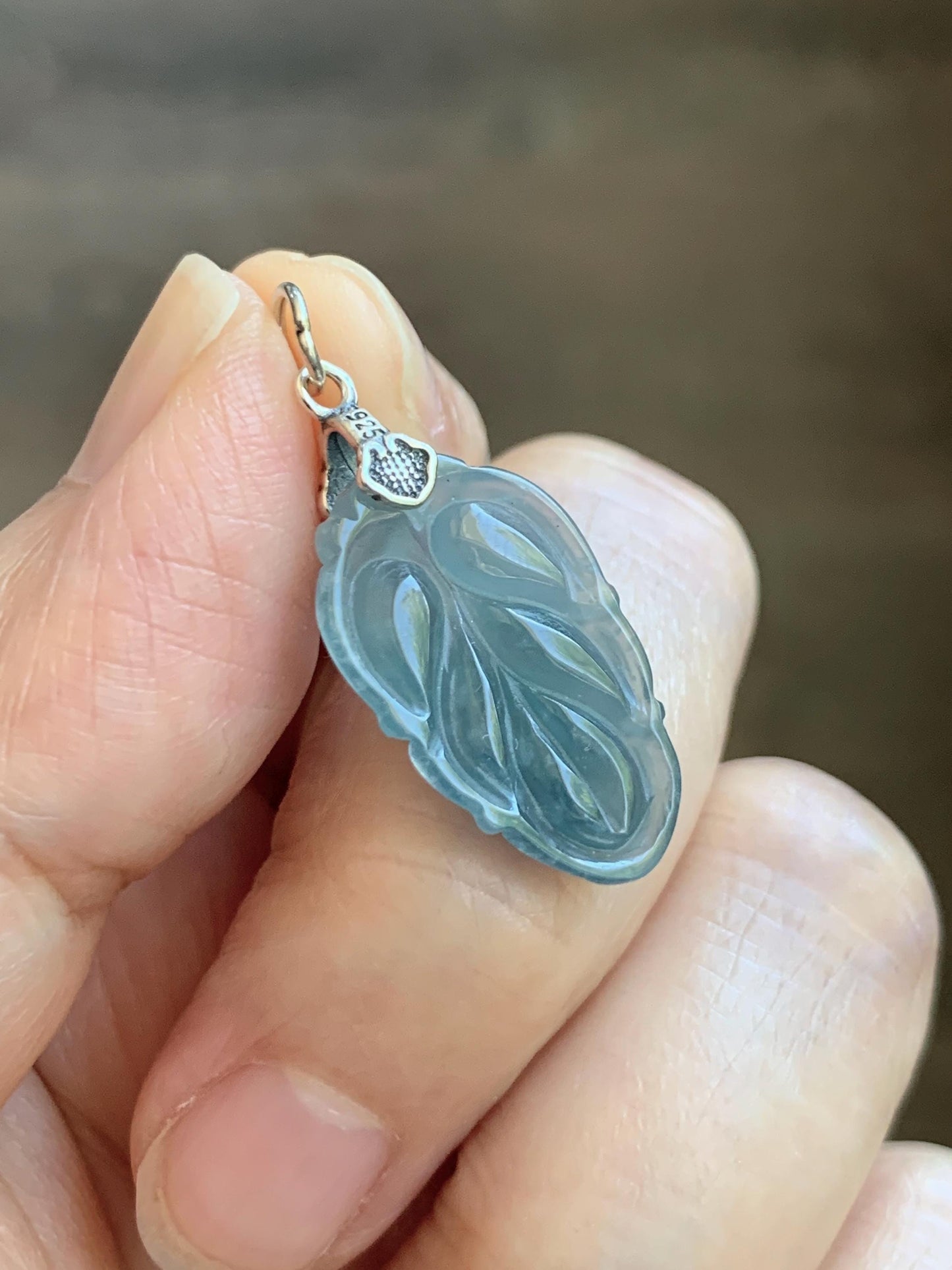 Natural Grade A Guatemalan Icy Translucent Light Dusty Blue Jade Jadeite Carved Leaf Pendant Sterling Silver 天然冰胶危浅蓝翡翠大叶有成银镶吊坠 WLD55F