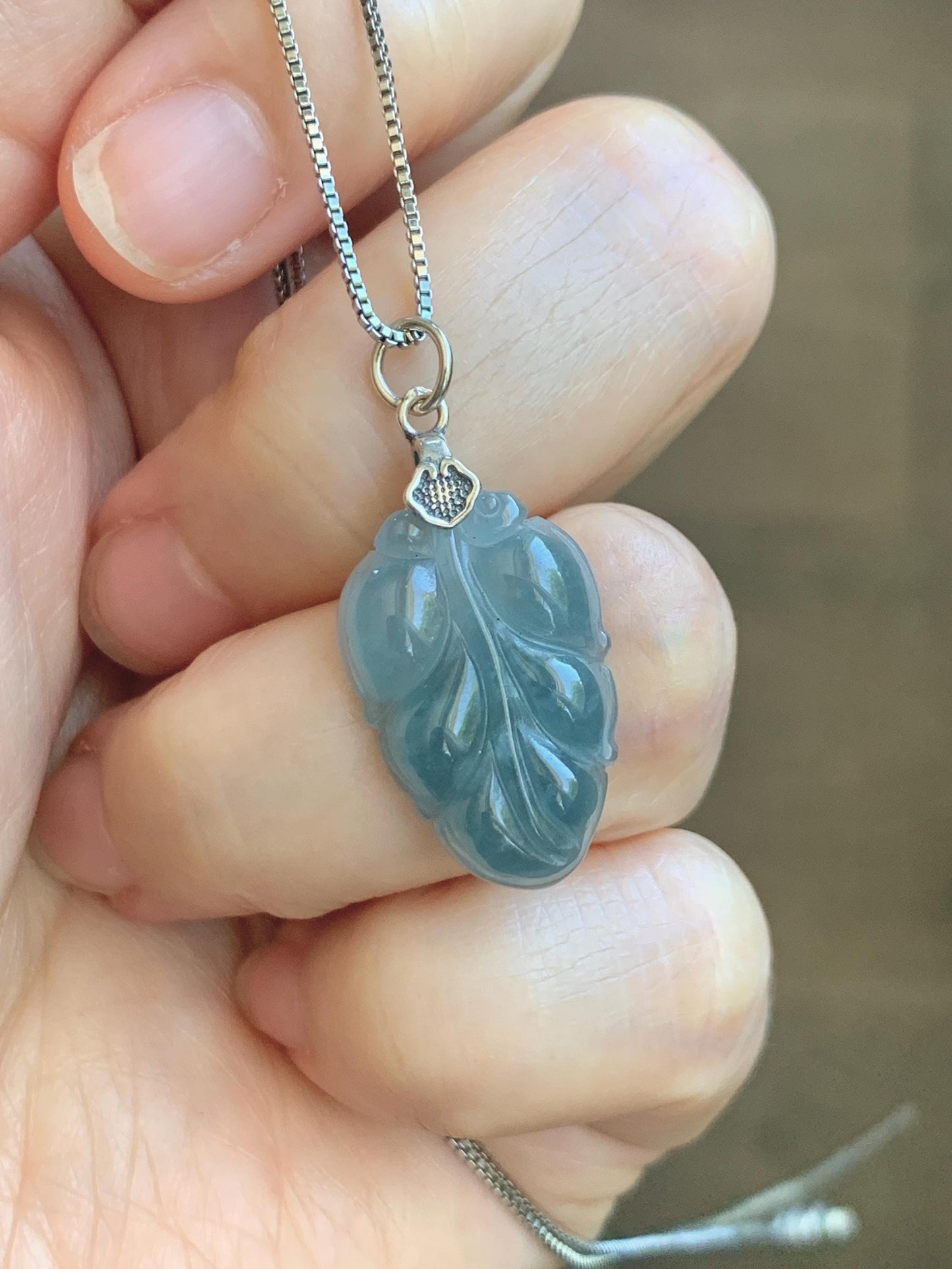 Natural Grade A Guatemalan Icy Translucent Light Dusty Blue Jade Jadeite Carved Leaf Pendant Sterling Silver 天然冰胶危浅蓝翡翠大叶有成银镶吊坠 WLD55F