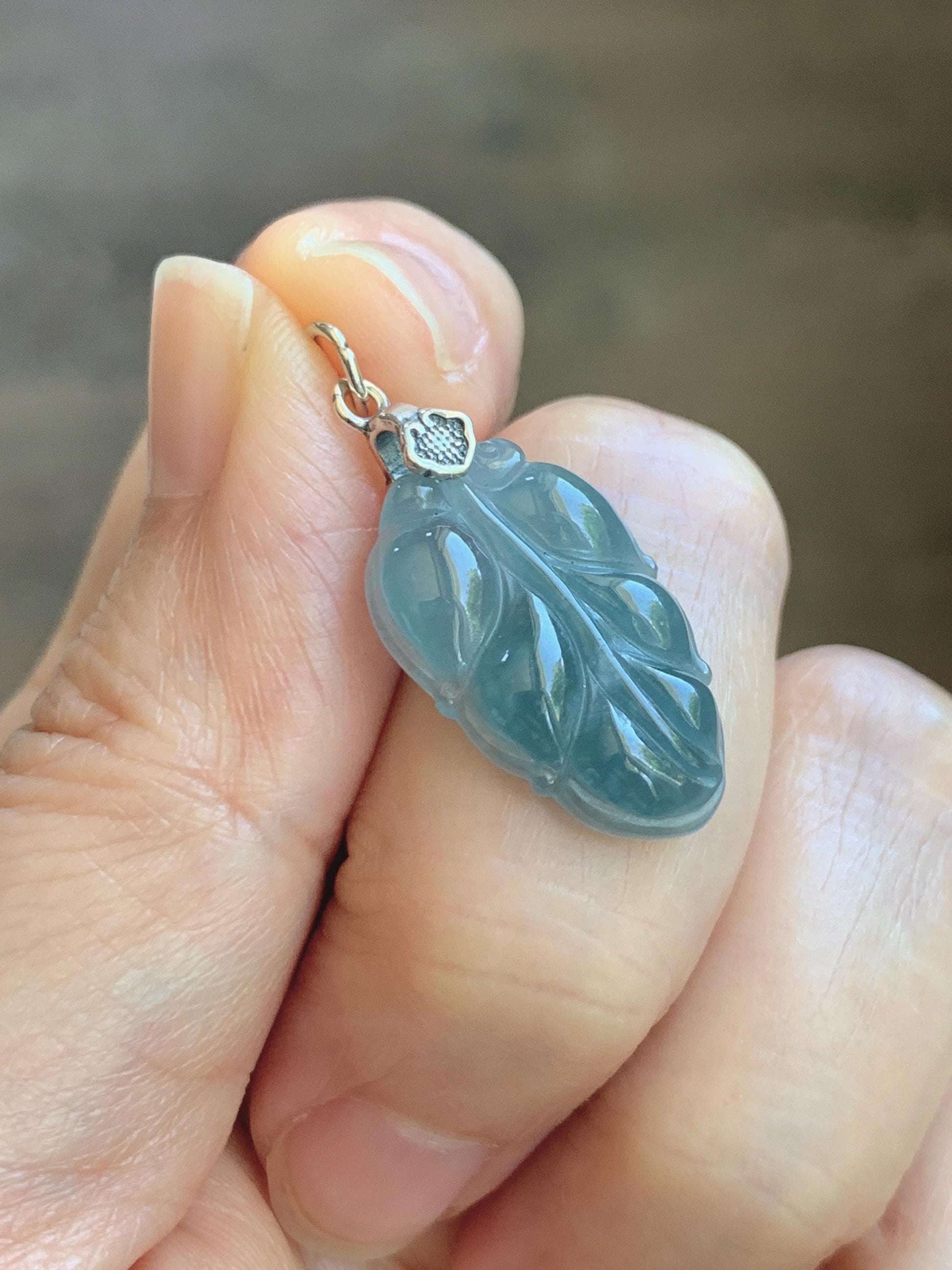 Natural Grade A Guatemalan Icy Translucent Light Dusty Blue Jade Jadeite Carved Leaf Pendant Sterling Silver 天然冰胶危浅蓝翡翠大叶有成银镶吊坠 WLD55F