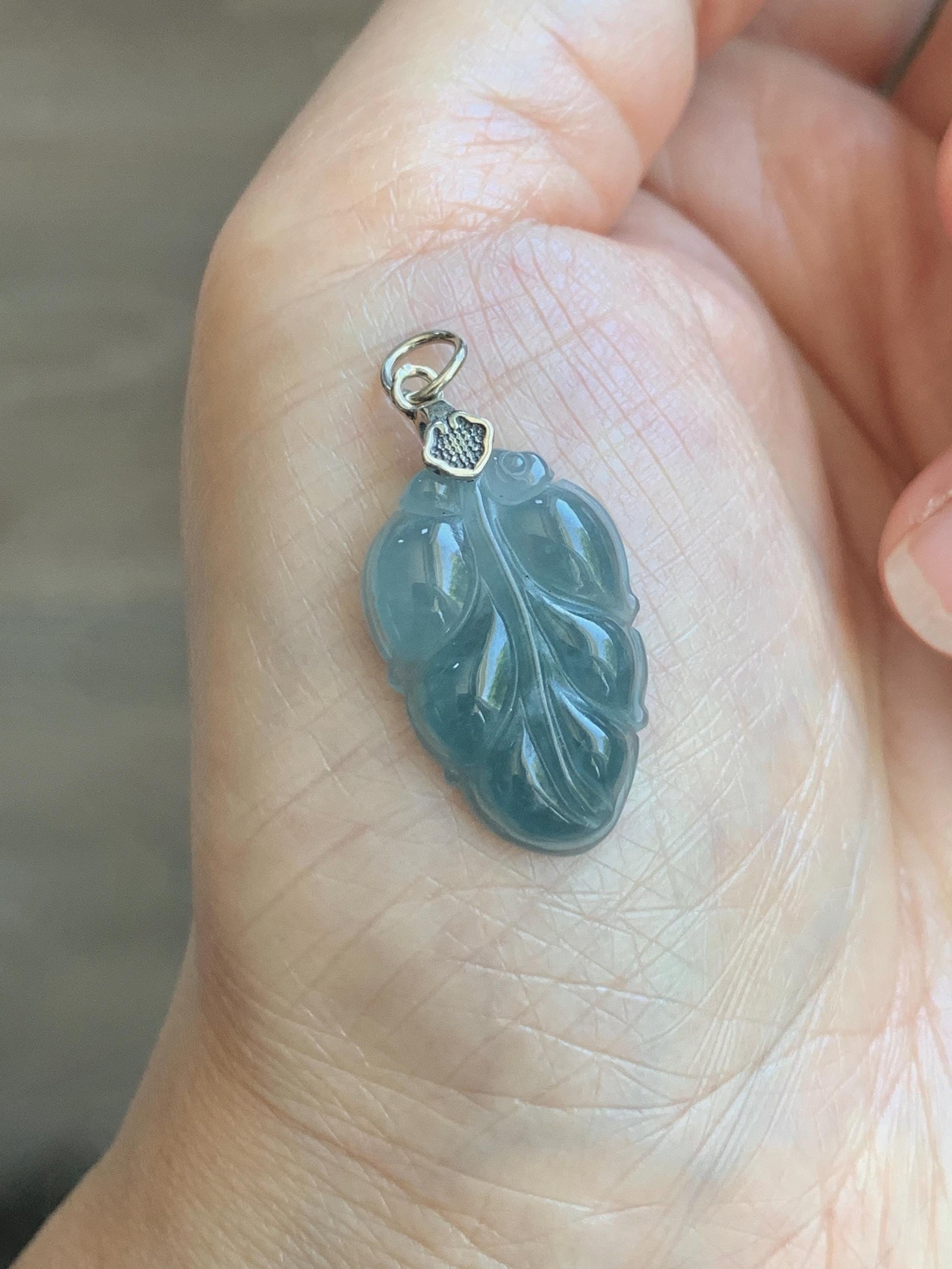 Natural Grade A Guatemalan Icy Translucent Light Dusty Blue Jade Jadeite Carved Leaf Pendant Sterling Silver 天然冰胶危浅蓝翡翠大叶有成银镶吊坠 WLD55F