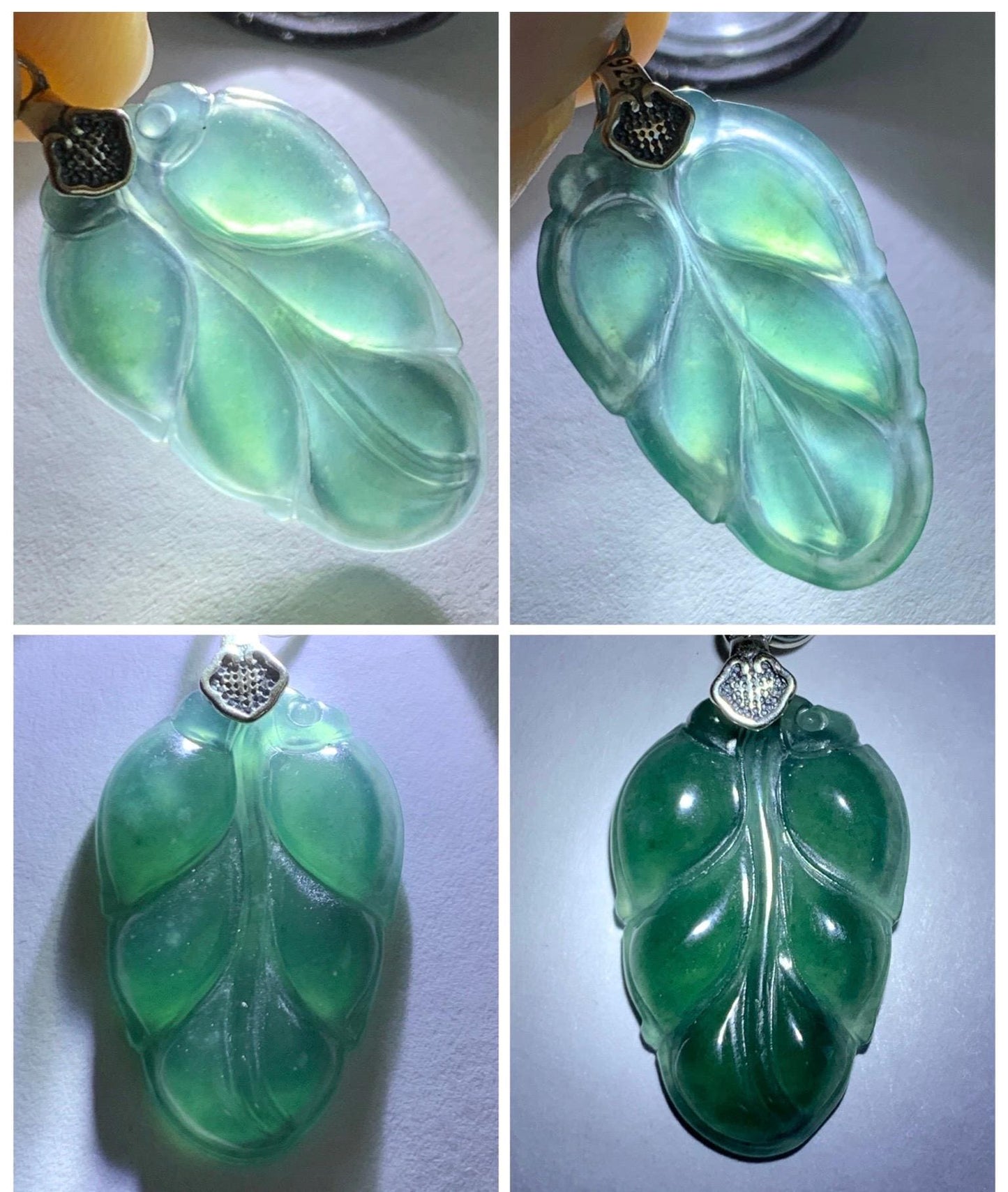 Natural Grade A Guatemalan Icy Translucent Dark Teal Green Jade Jadeite Carved Leaf Small Pendant Sterling Silver 天然冰胶危深蓝翡翠大叶有成银镶吊坠 WLD55E