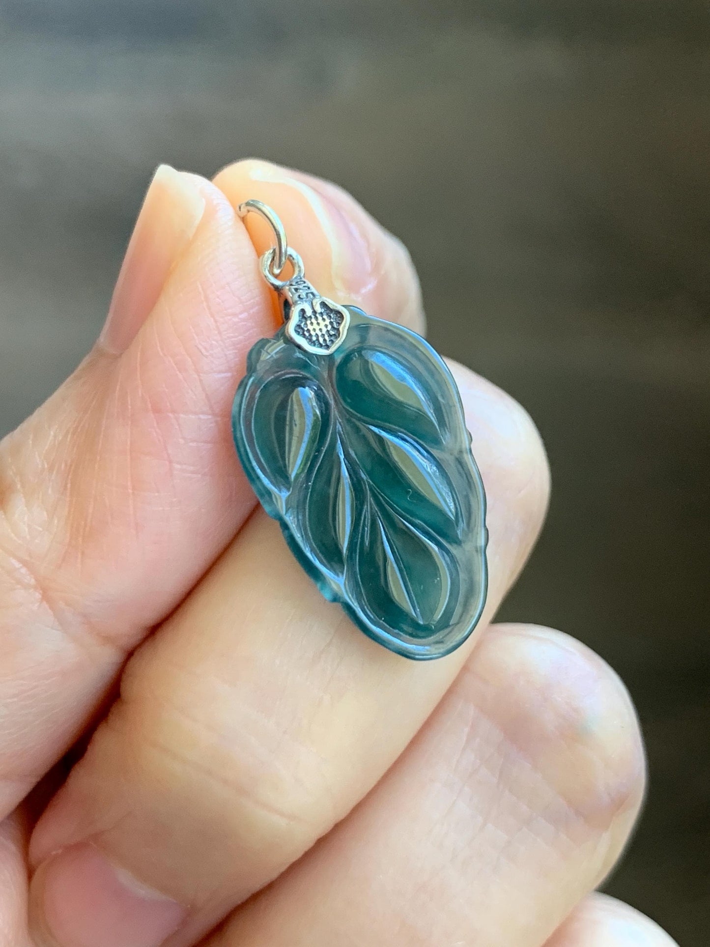 Natural Grade A Guatemalan Icy Translucent Dark Teal Green Jade Jadeite Carved Leaf Small Pendant Sterling Silver 天然冰胶危深蓝翡翠大叶有成银镶吊坠 WLD55E