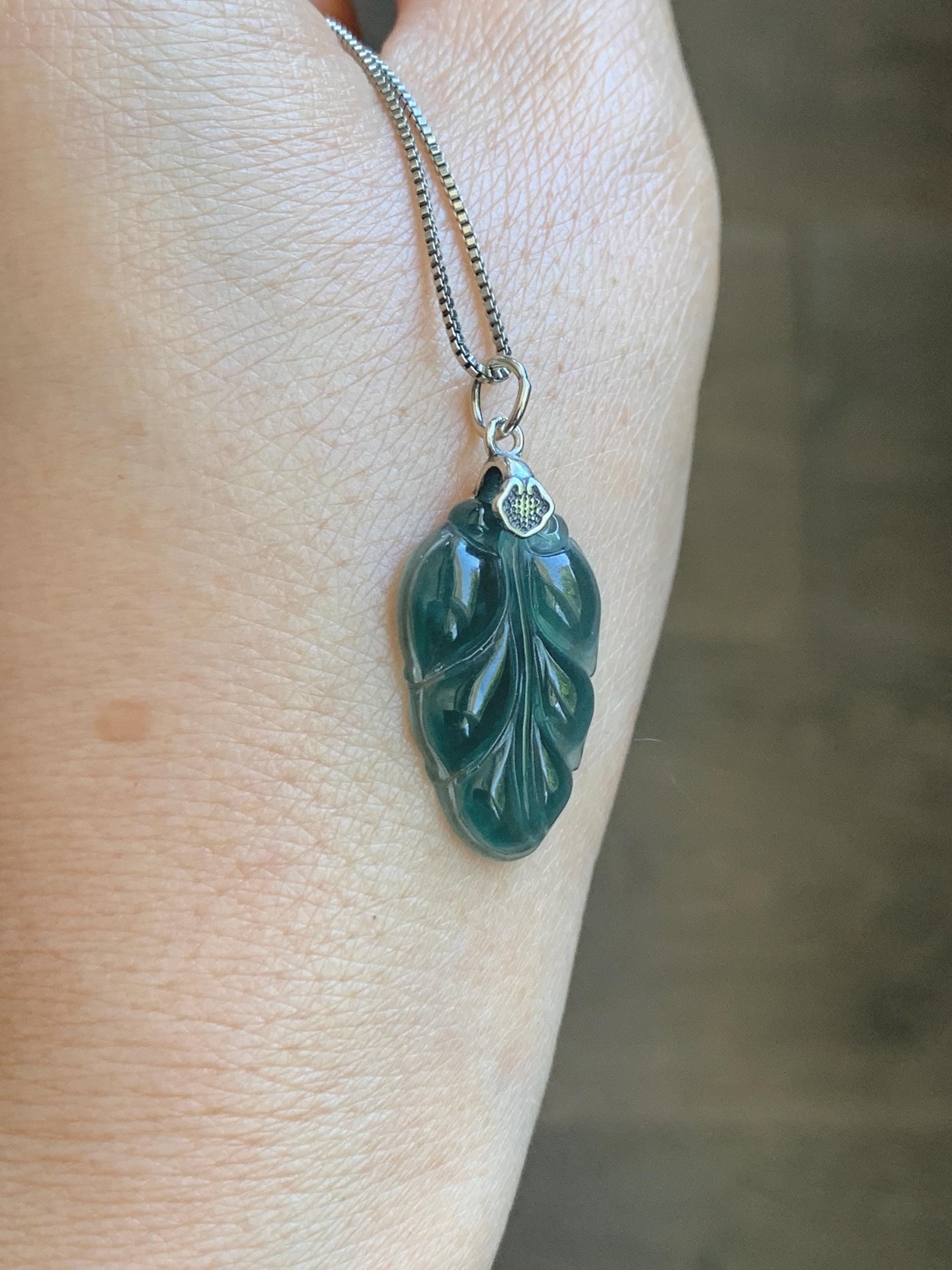 Natural Grade A Guatemalan Icy Translucent Dark Teal Green Jade Jadeite Carved Leaf Small Pendant Sterling Silver 天然冰胶危深蓝翡翠大叶有成银镶吊坠 WLD55E