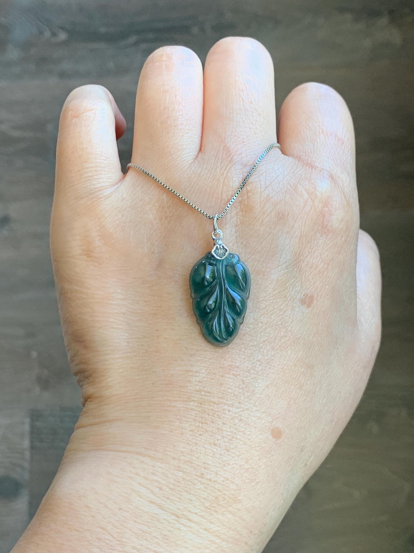 Natural Grade A Guatemalan Icy Translucent Dark Teal Green Jade Jadeite Carved Leaf Small Pendant Sterling Silver 天然冰胶危深蓝翡翠大叶有成银镶吊坠 WLD55E