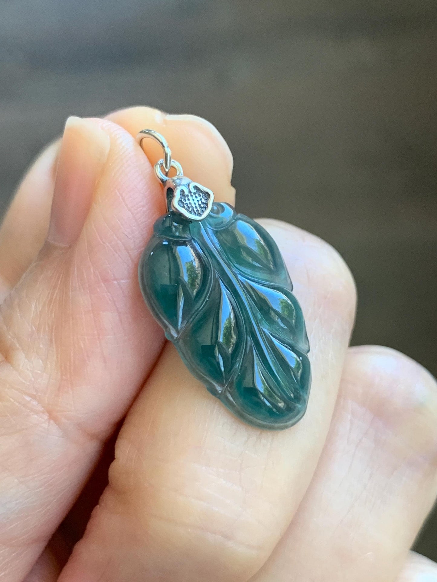 Natural Grade A Guatemalan Icy Translucent Dark Teal Green Jade Jadeite Carved Leaf Small Pendant Sterling Silver 天然冰胶危深蓝翡翠大叶有成银镶吊坠 WLD55E