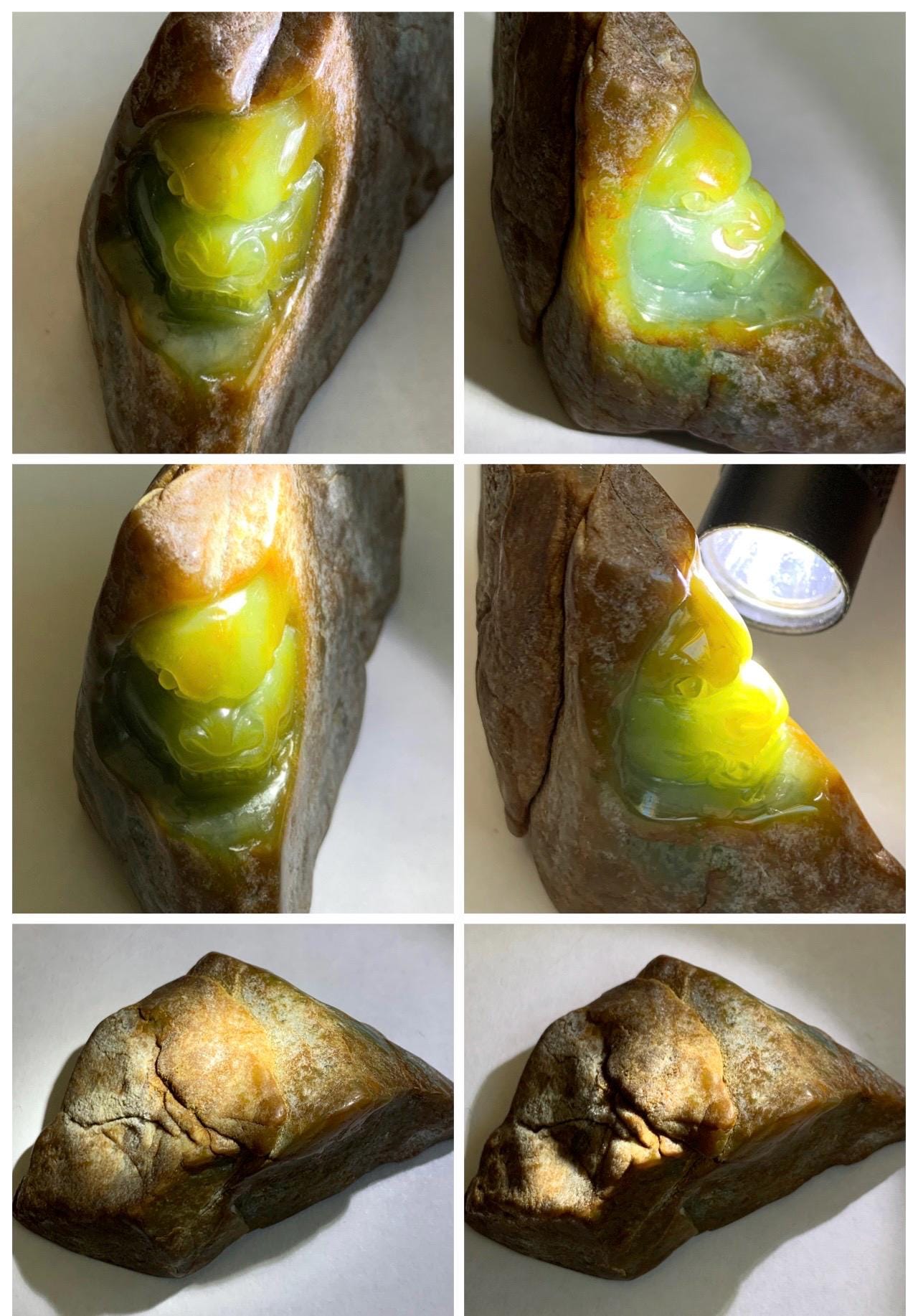 Grade A Natural Guatemalan Yellow Jade Jadeite with Brown Rind Dragon Carved Rock Tea Pet Pal Home Decor Book End 73g 天然冰危翡翠皮壳料龙头雕茶宠 WSS125
