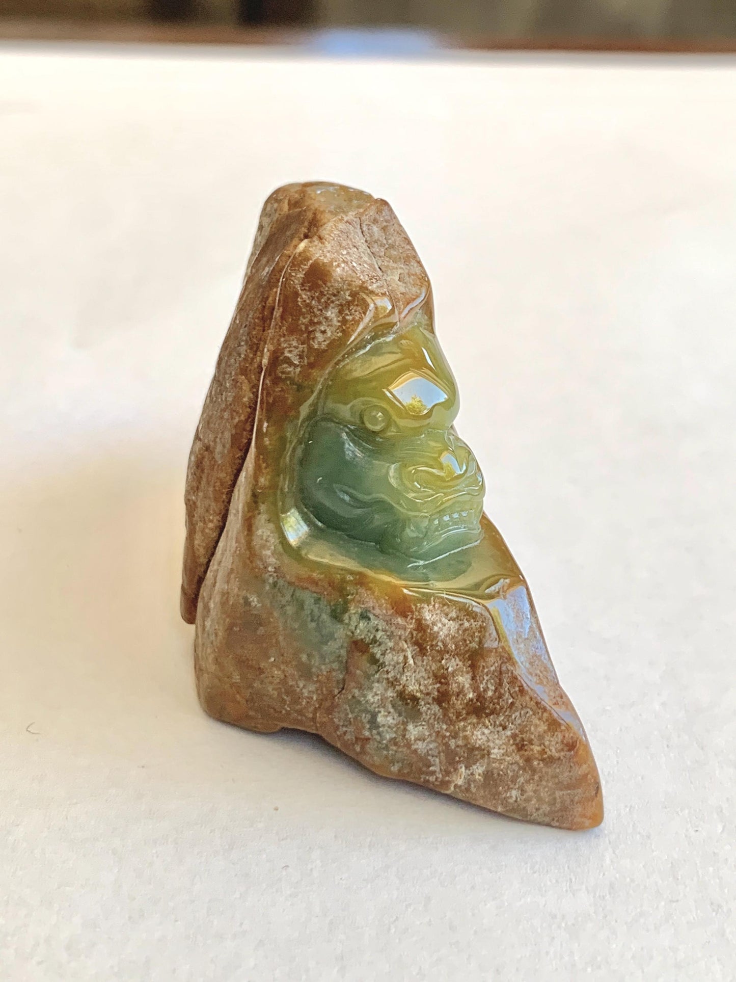 Grade A Natural Guatemalan Yellow Jade Jadeite with Brown Rind Dragon Carved Rock Tea Pet Pal Home Decor Book End 73g 天然冰危翡翠皮壳料龙头雕茶宠 WSS125