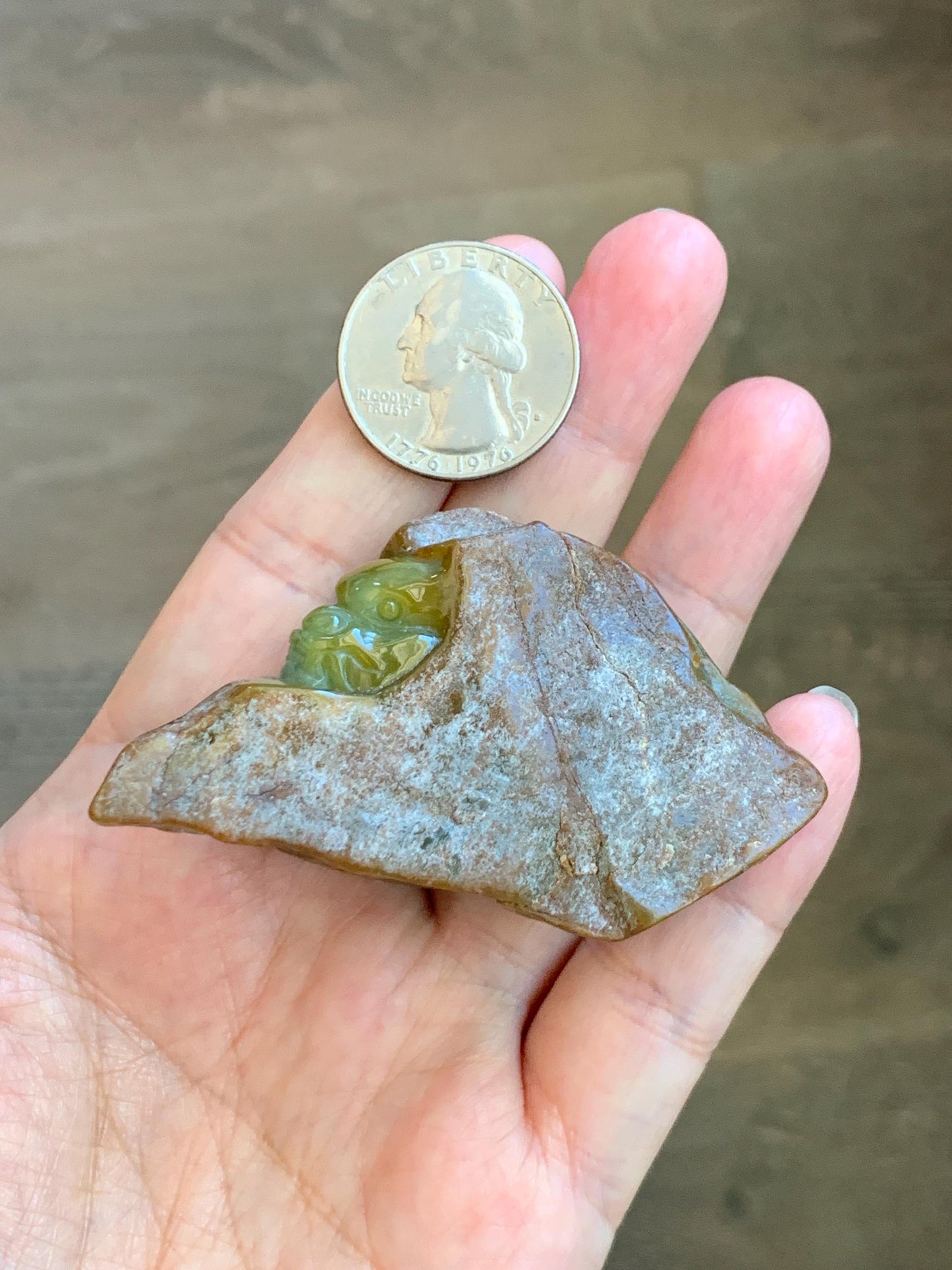 Grade A Natural Guatemalan Yellow Jade Jadeite with Brown Rind Dragon Carved Rock Tea Pet Pal Home Decor Book End 73g 天然冰危翡翠皮壳料龙头雕茶宠 WSS125