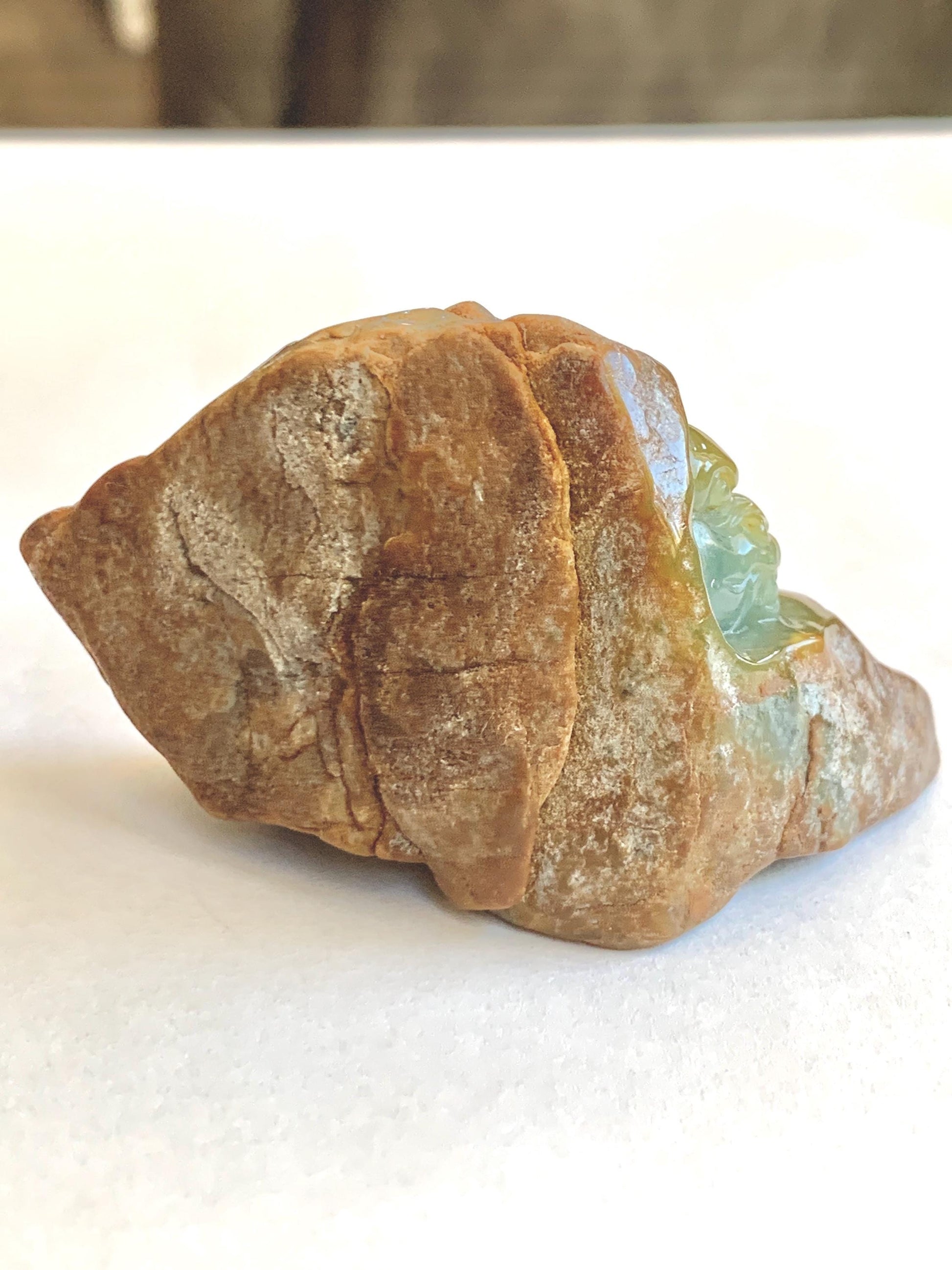Grade A Natural Guatemalan Yellow Jade Jadeite with Brown Rind Dragon Carved Rock Tea Pet Pal Home Decor Book End 73g 天然冰危翡翠皮壳料龙头雕茶宠 WSS125