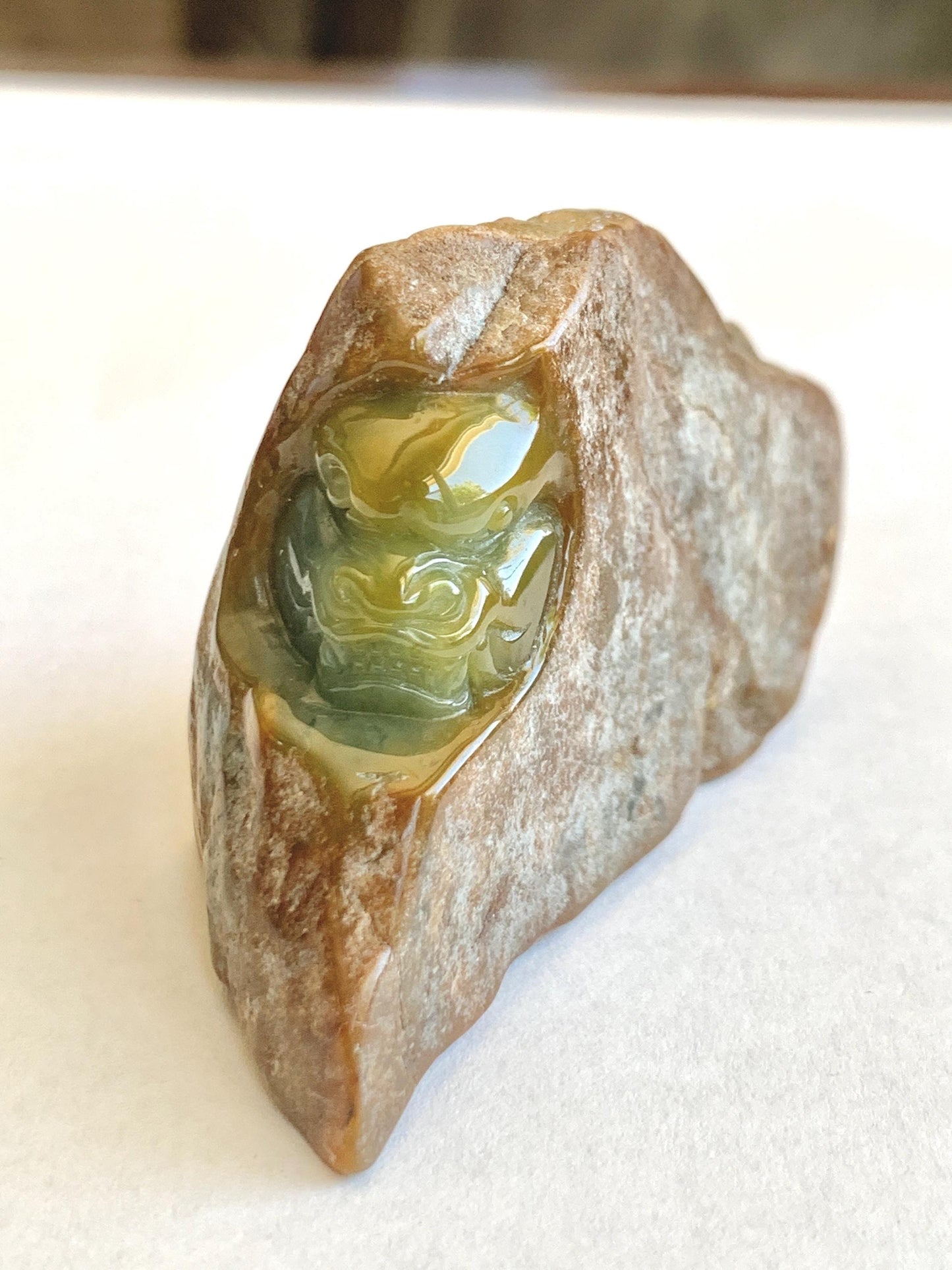 Grade A Natural Guatemalan Yellow Jade Jadeite with Brown Rind Dragon Carved Rock Tea Pet Pal Home Decor Book End 73g 天然冰危翡翠皮壳料龙头雕茶宠 WSS125