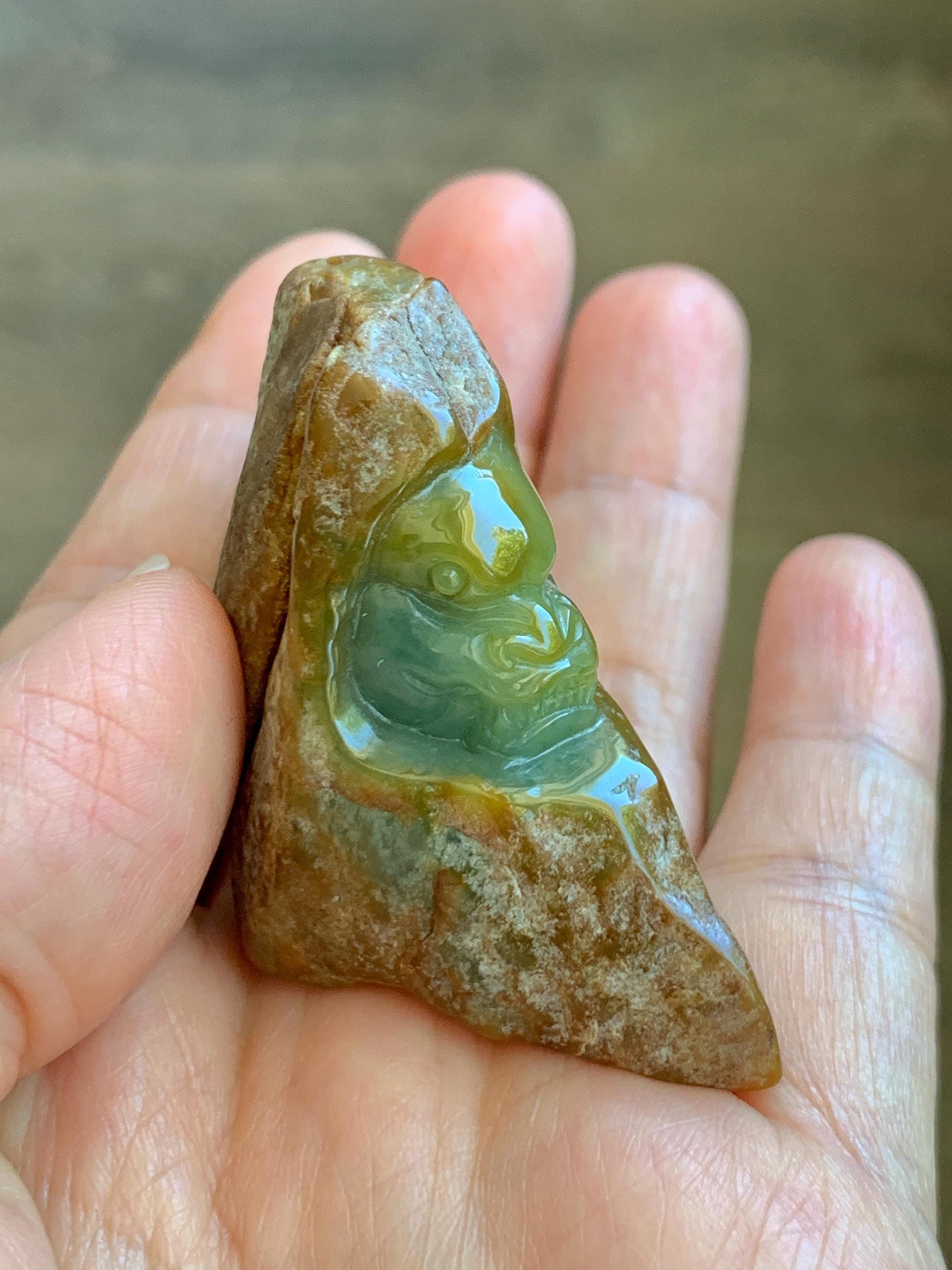 Grade A Natural Guatemalan Yellow Jade Jadeite with Brown Rind Dragon Carved Rock Tea Pet Pal Home Decor Book End 73g 天然冰危翡翠皮壳料龙头雕茶宠 WSS125