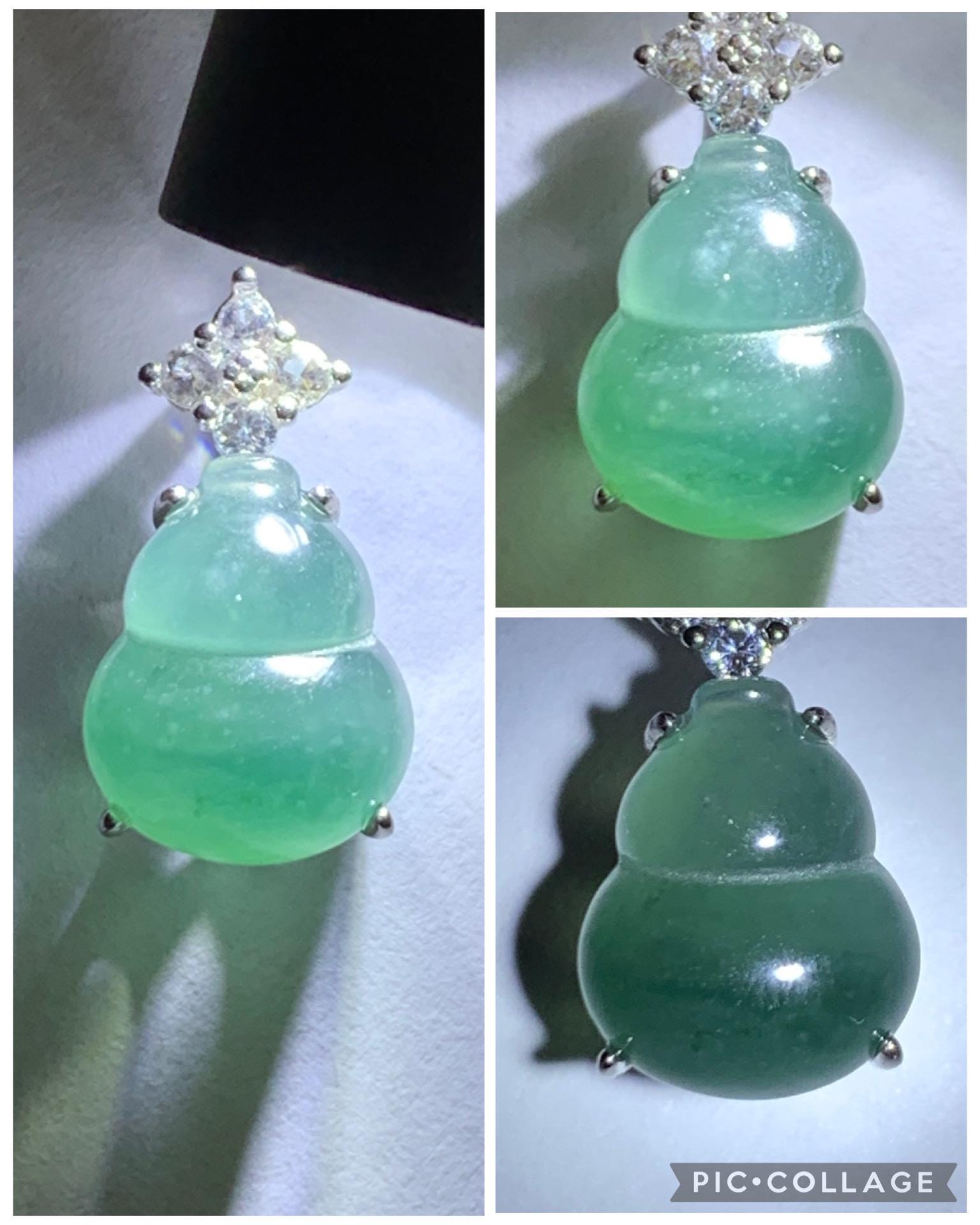 Natural Grade A Guatemalan Icy Translucent Dark Dusty Teal Green Jade Jadeite Gourd Hulu Pendant Sterling Silver 天然冰危深蓝绿翡翠葫芦吊坠 WXH77A