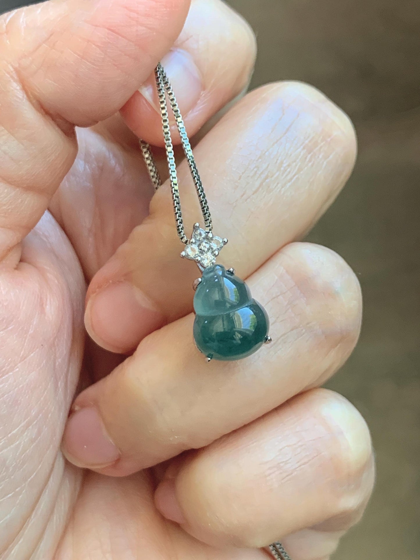 Natural Grade A Guatemalan Icy Translucent Dark Dusty Teal Green Jade Jadeite Gourd Hulu Pendant Sterling Silver 天然冰危深蓝绿翡翠葫芦吊坠 WXH77A