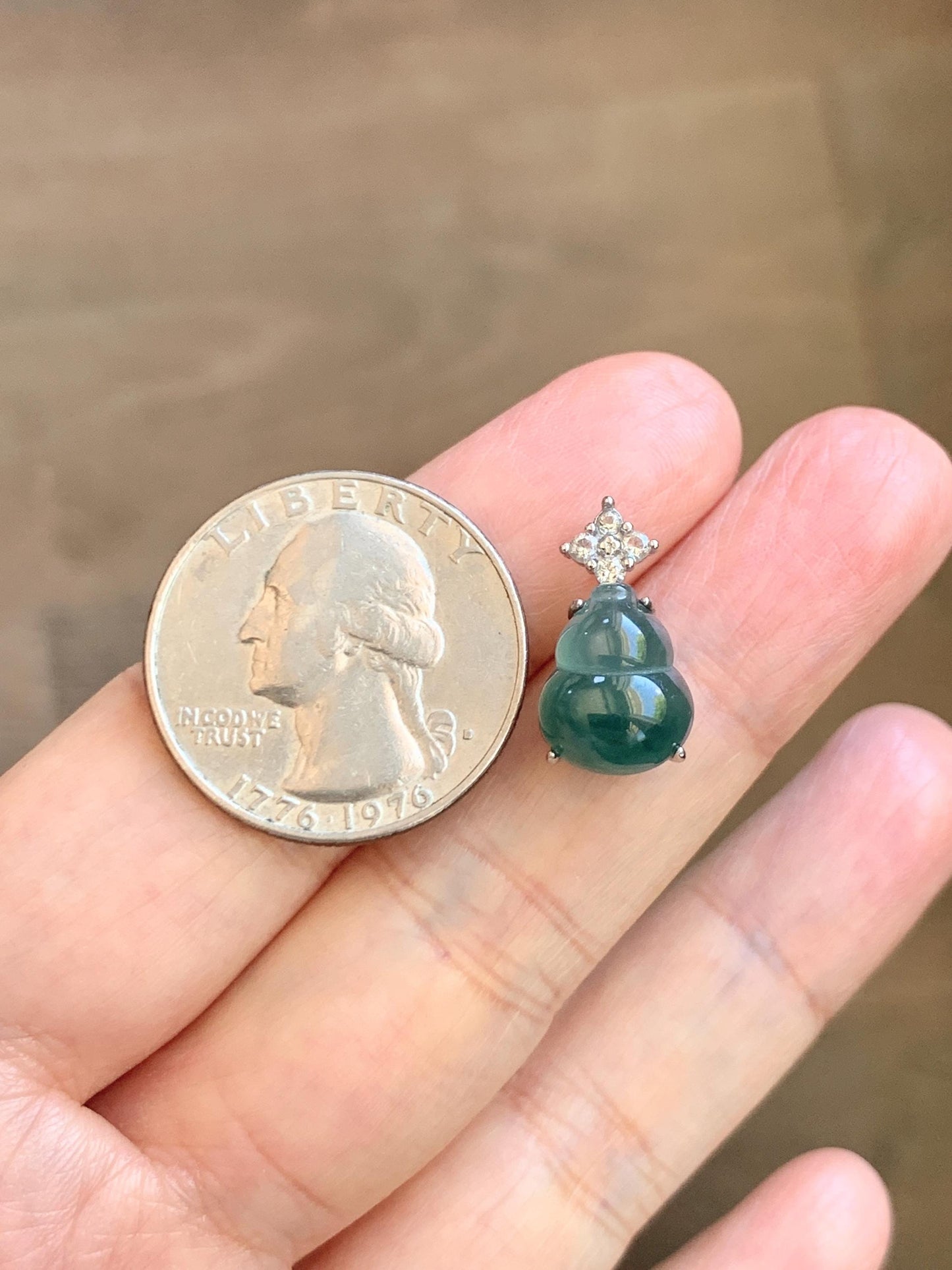 Natural Grade A Guatemalan Icy Translucent Dark Dusty Teal Green Jade Jadeite Gourd Hulu Pendant Sterling Silver 天然冰危深蓝绿翡翠葫芦吊坠 WXH77A