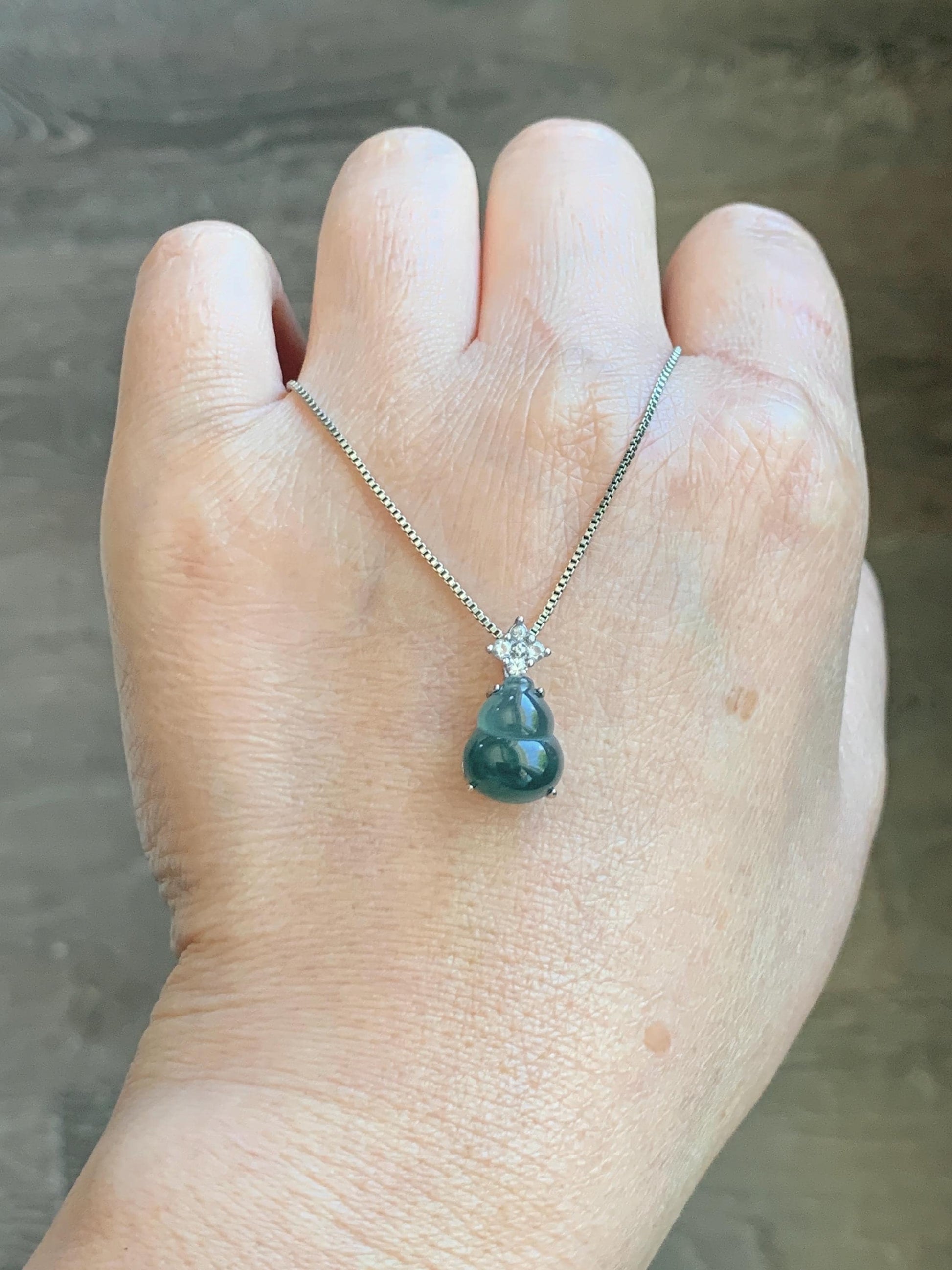 Natural Grade A Guatemalan Icy Translucent Dark Dusty Teal Green Jade Jadeite Gourd Hulu Pendant Sterling Silver 天然冰危深蓝绿翡翠葫芦吊坠 WXH77A