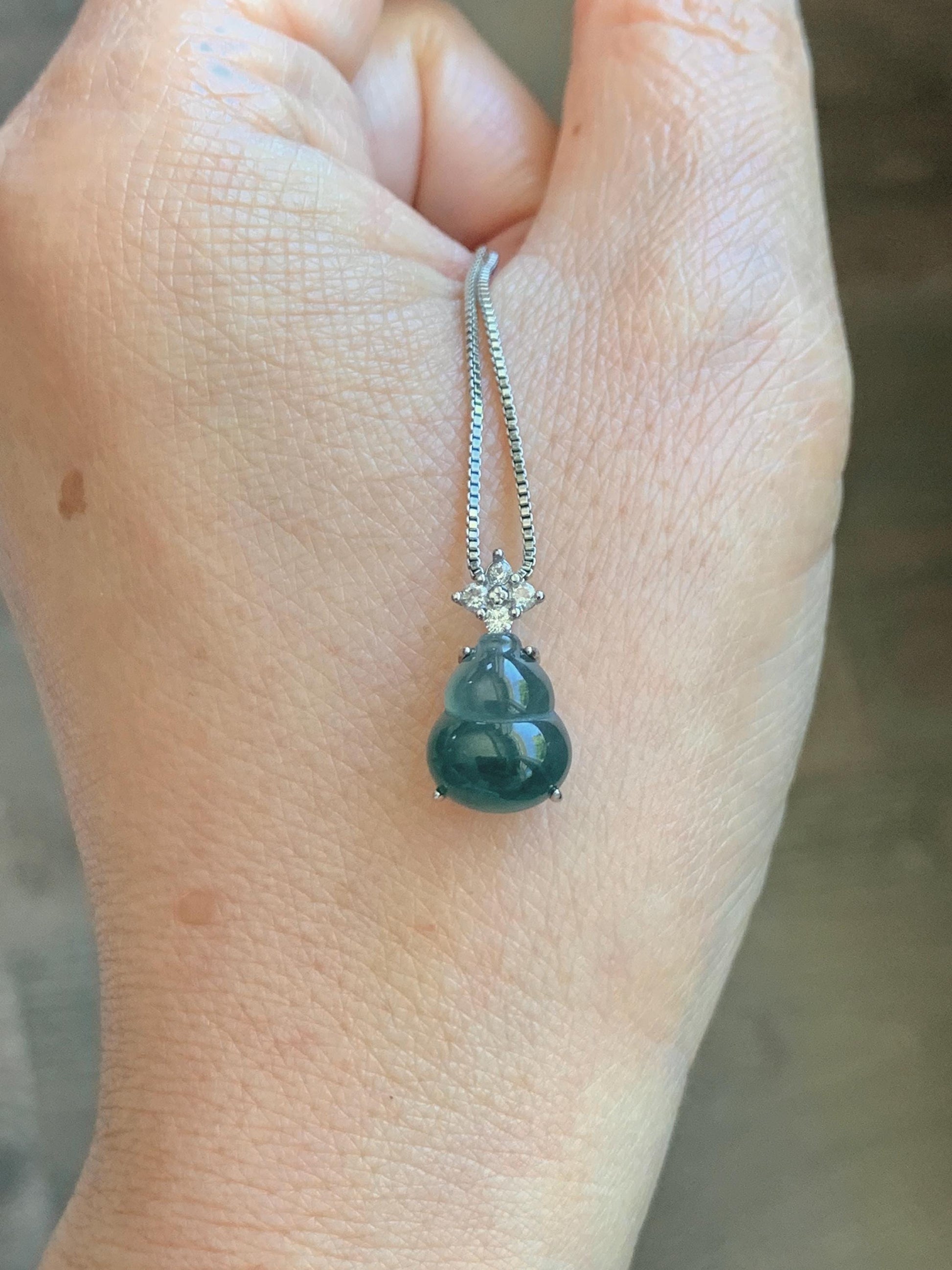 Natural Grade A Guatemalan Icy Translucent Dark Dusty Teal Green Jade Jadeite Gourd Hulu Pendant Sterling Silver 天然冰危深蓝绿翡翠葫芦吊坠 WXH77A