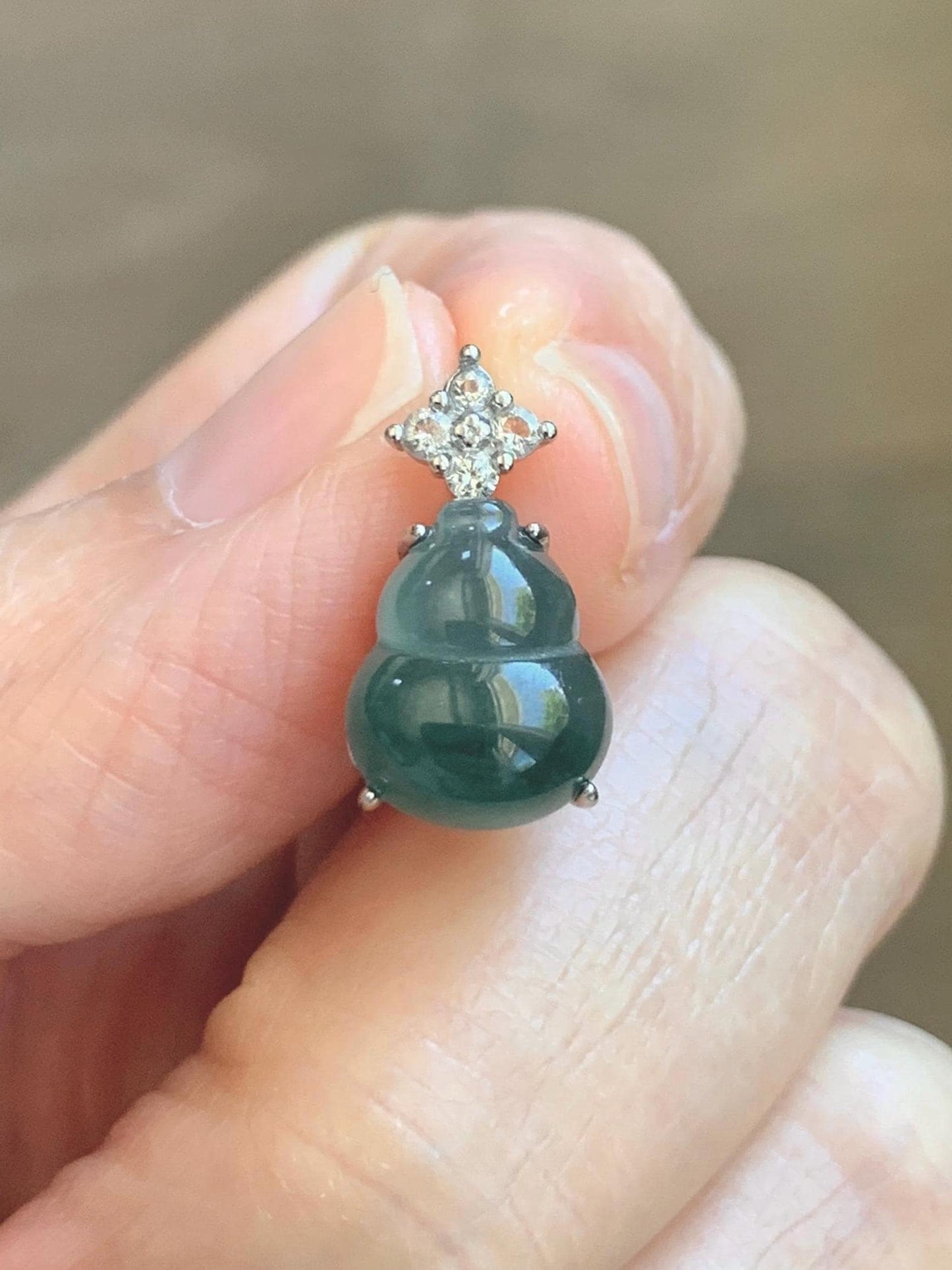 Natural Grade A Guatemalan Icy Translucent Dark Dusty Teal Green Jade Jadeite Gourd Hulu Pendant Sterling Silver 天然冰危深蓝绿翡翠葫芦吊坠 WXH77A