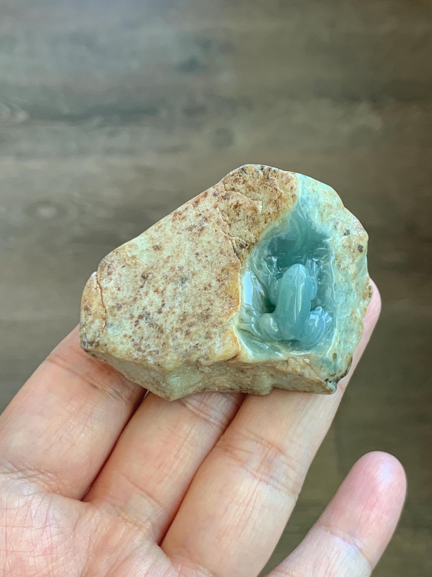Grade A Natural Guatemalan Dusty Blue Jade Jadeite with Brown Rind Frog Carved Rock Tea Pet Pal Home Decor Book End 70g 天然冰危翡翠皮壳料青蛙茶宠 WLC125