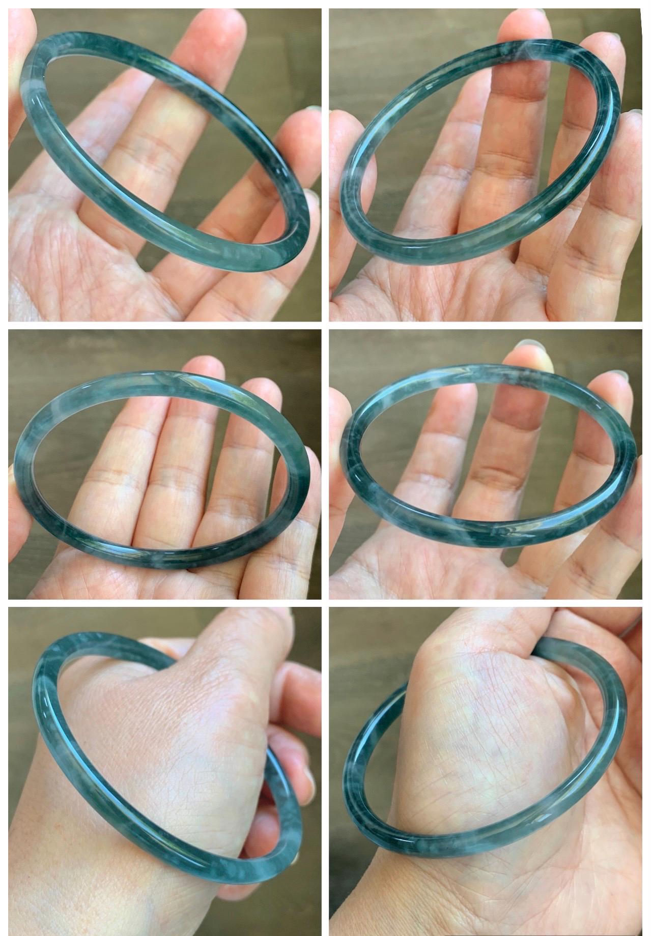 Certified Natural Grade A Guatemalan Icy Translucent Dark Teal Green Jade Jadeite Slim Bangle 60.33mm 7.46” 15.25g 天然冰胶危深蓝绿翡翠细圆条手镯 1186